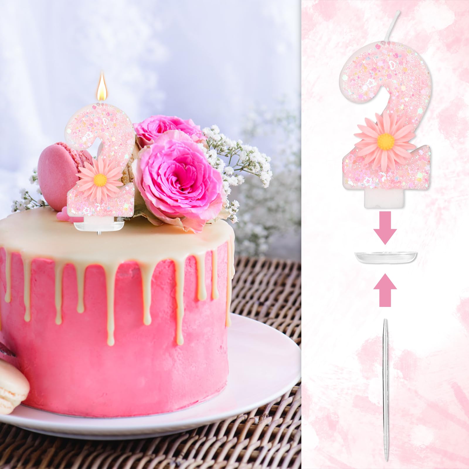 Candela di Compleanno Rosa con Numero, 7,2cm Margherita Scintillanti Candela con Numero Topper per Torta Decorazione Ideale Compleanno Festa Baby Shower e Anniversario di Bambine Regali (2