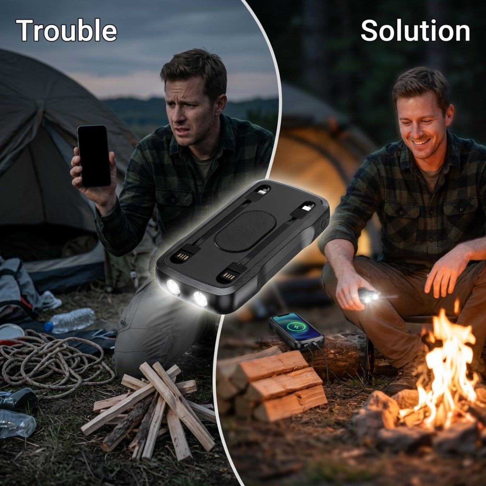 Banca di energia solare da 10000 mAh, caricatore wireless portatile con accendifuoco, doppia torcia a LED, guscio sottile in ABS per campeggio e uso di emergenza