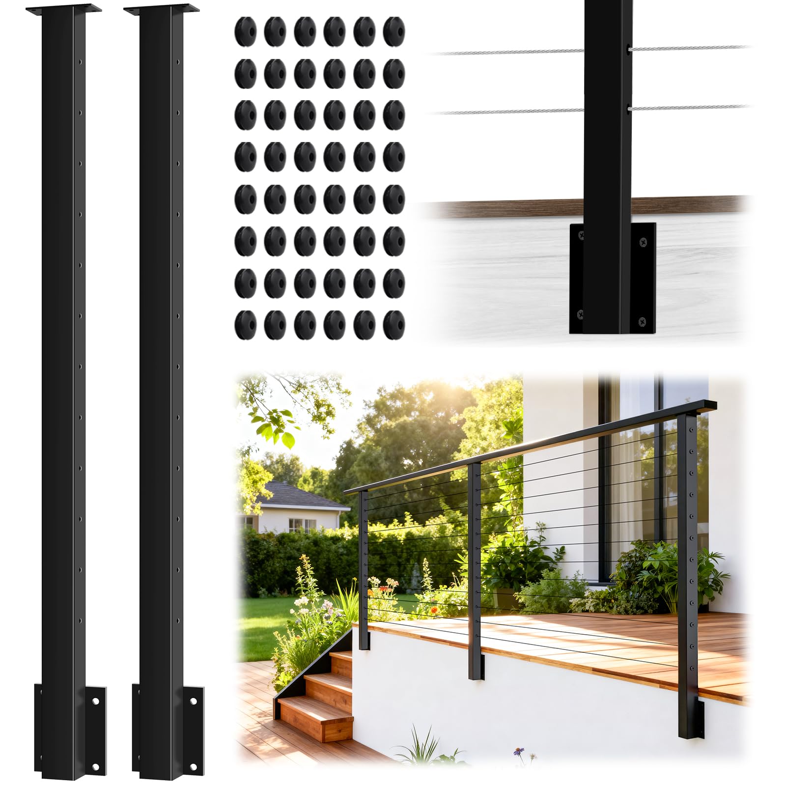 Gyykzz 2 Pack Side Mount Cable Railing Post for 42" Railing System (Post Body 48"), Level Drilled Space-Saving Fascia Mount Deck Rail Post, Black