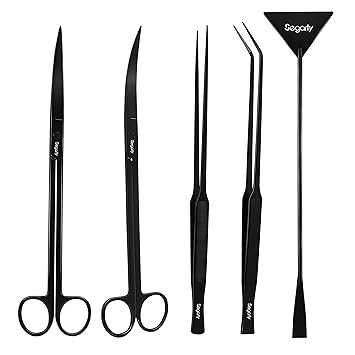 Segarty Aquarium Tools Kit, 5 in 1 Long Stainless Steel Aquarium Tank Aquascaping Tools, Aquatic Plant Tweezers Scissors Spatula Landscaping Cleaning Tool Set & Fish Starter Kit