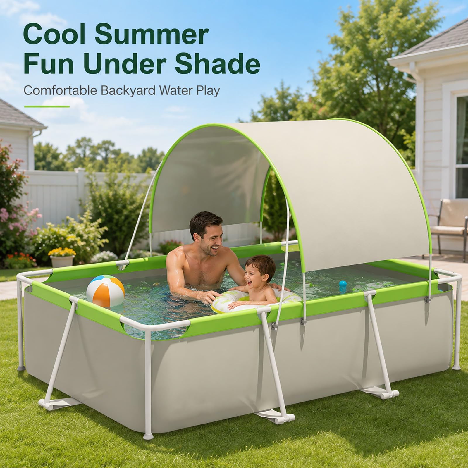 Piscina Fuori Terra Rettangolare con Tettuccio, Piscina Familiare | Grande Piscina da Giardino con Struttura Resistente e Parasole Estivo(74.8in/190cm)