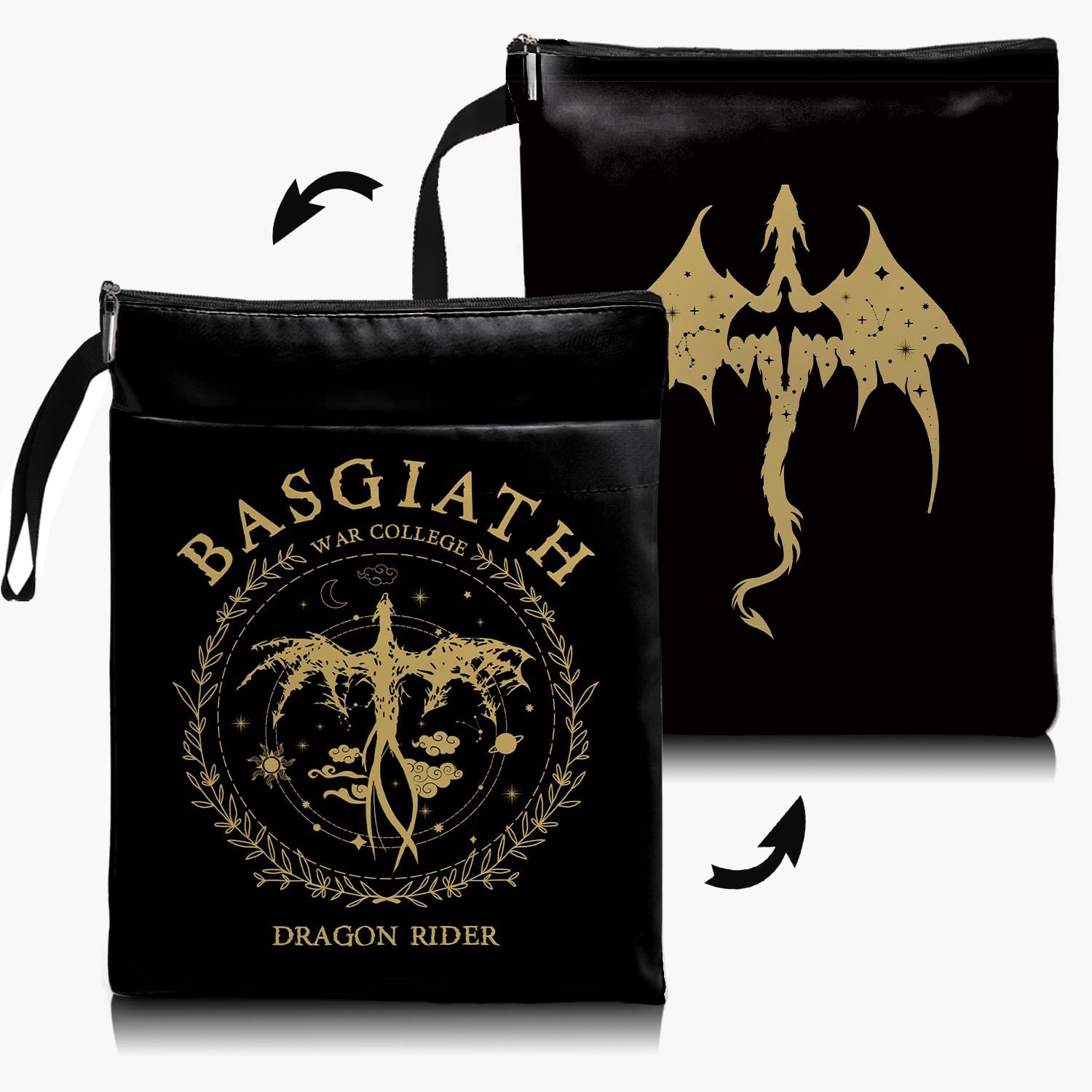 Book Cover Dragon Ridder Inspired Gift, Dragon Merch Pattern Reusable Book Pouch, BASGIATH WAR COLLEGA Book Sleeve for Book Lovers (Black-Dragon 2, Large)