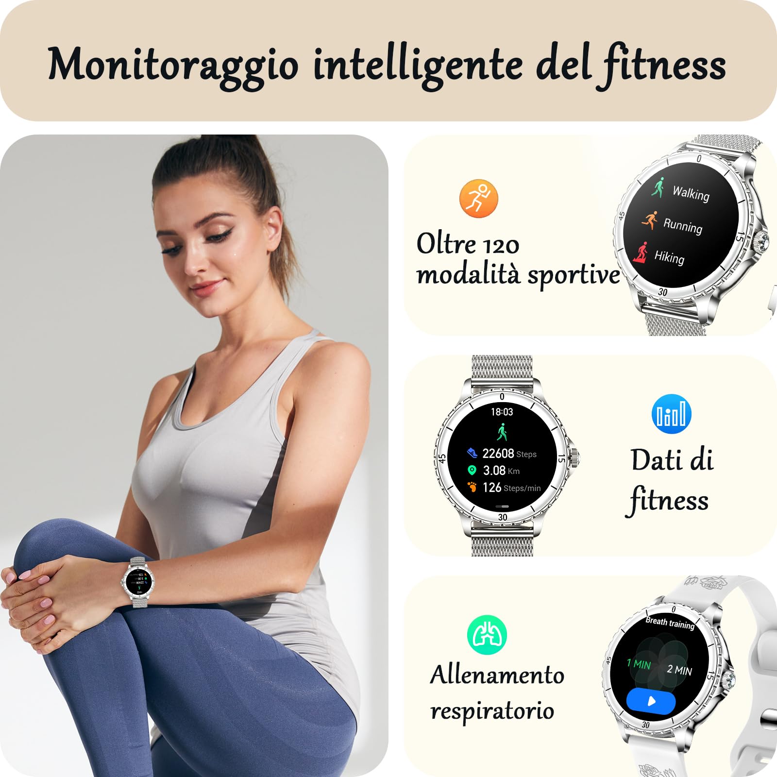 Smartwatch Donna Chiamate, 1,27'' HD Schermo Orologio Smartwatch Rotondo con Notifiche Messaggi/120+ Sportive/Cardiofrequenzimetro/SpO2/Sonno, Smart Watch Donna IP68 per Android iOS, Argento