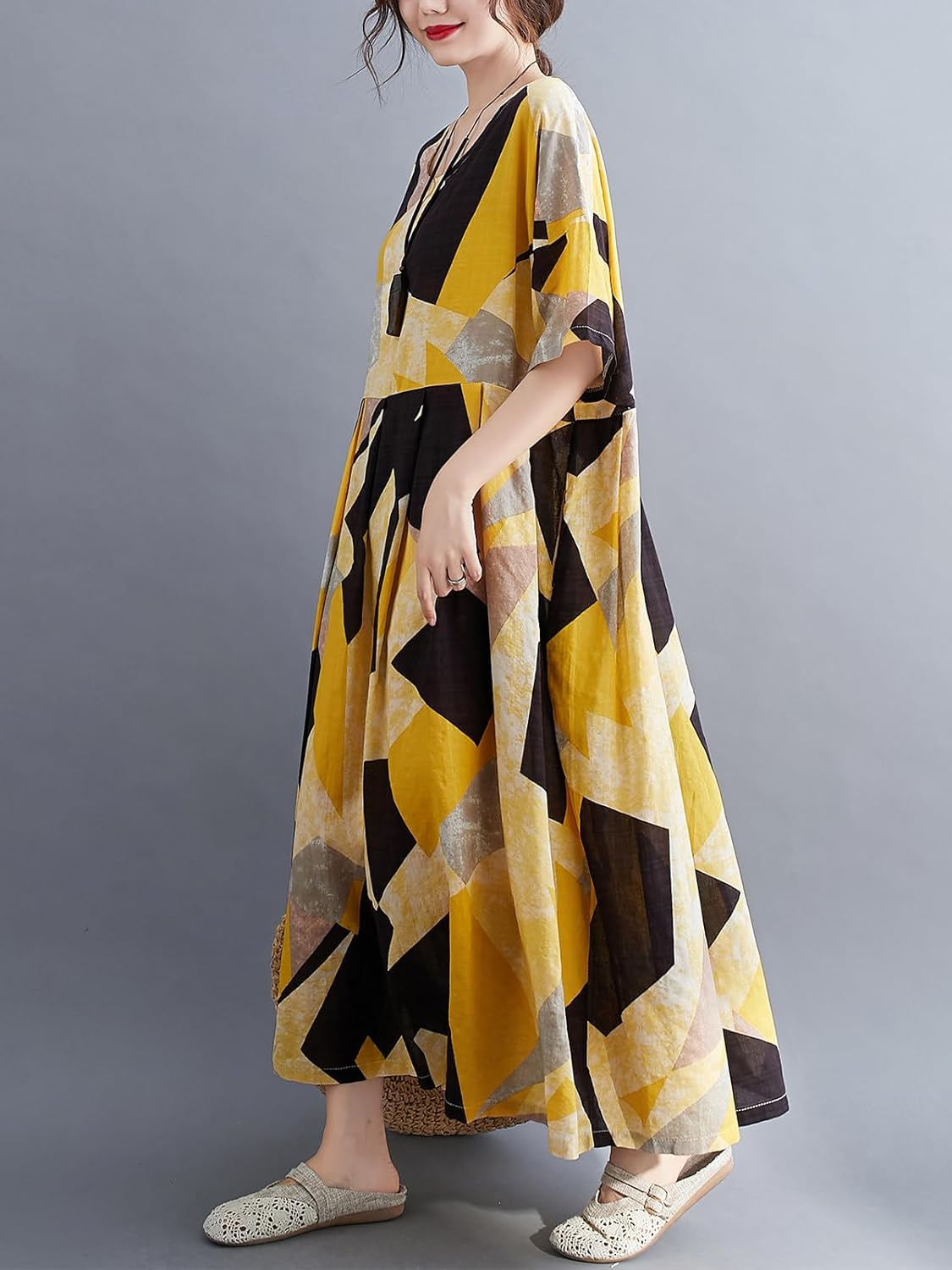 Women Plus Size Color Block Dress Geometric Block Print Round Neck Side Pockets Casual Loose Dresses - Image 3