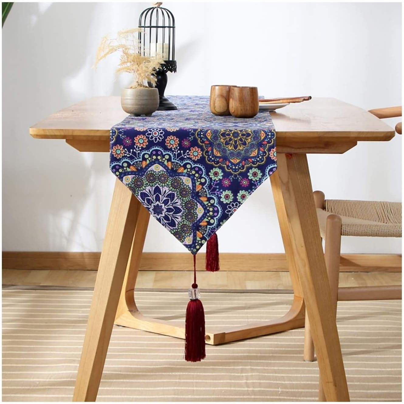 Autumn Table Runner Rectangle,33x240CM,Mandala and Tassel Pattern Table Runner Decoration Cotton,Home Decor Table Runner Blue