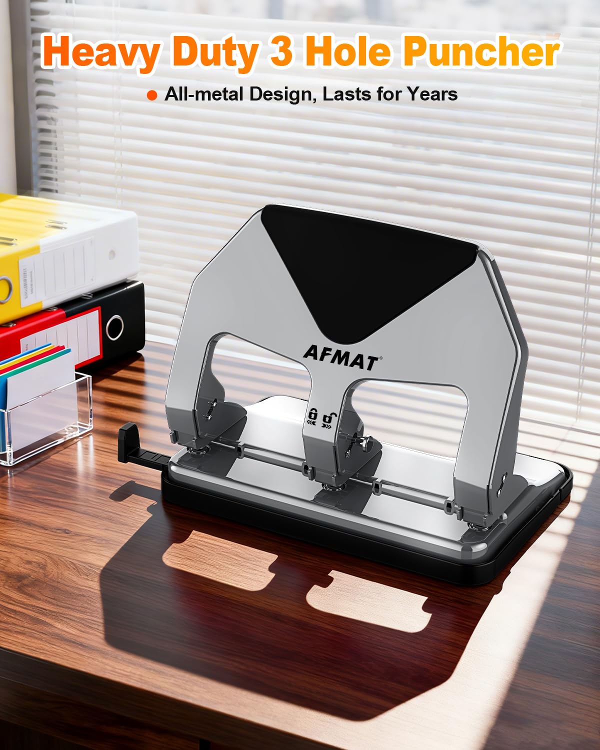 AFMAT HP20 Robuster 3-Lochstanzer, 60 % reduzierter Aufwand, 50 Blatt, 3-Loch-Stanzer für Ordner, über 10.000 Anwendungen, Metall-Dreilochstanzer für Zuhause, Büro, Schule, mit großer Spanablage