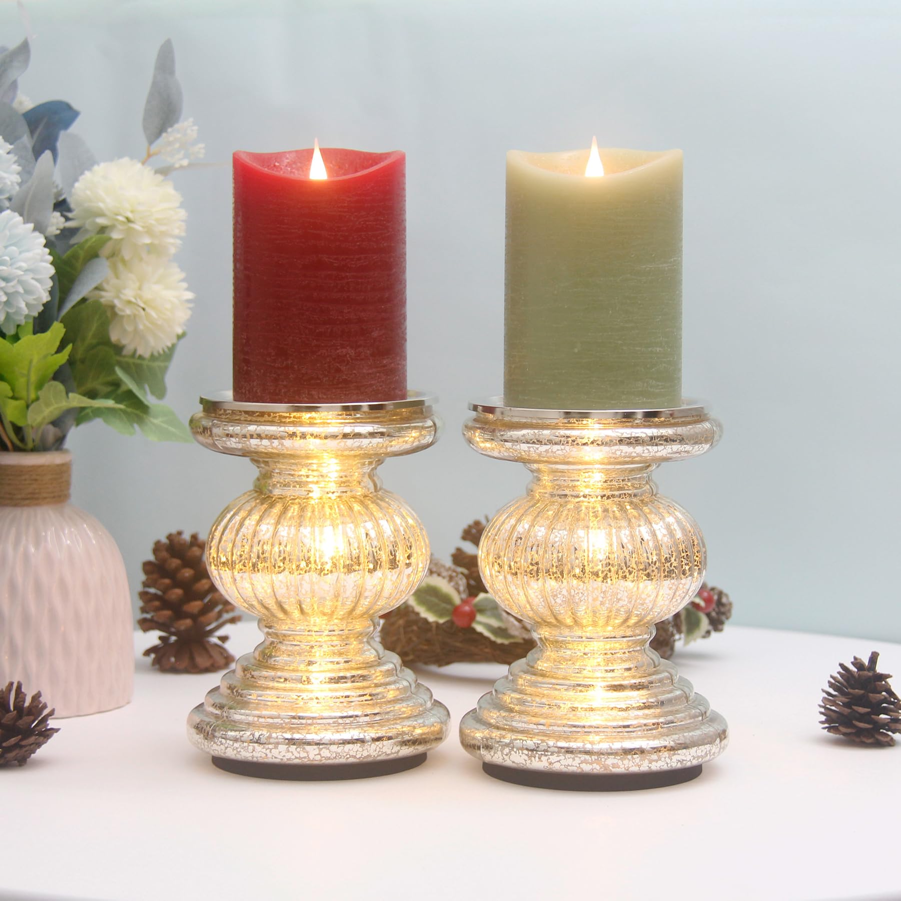 Mercury Glass Pillar Candle Holders Set of 2, with 3 LED Lights Inside ...