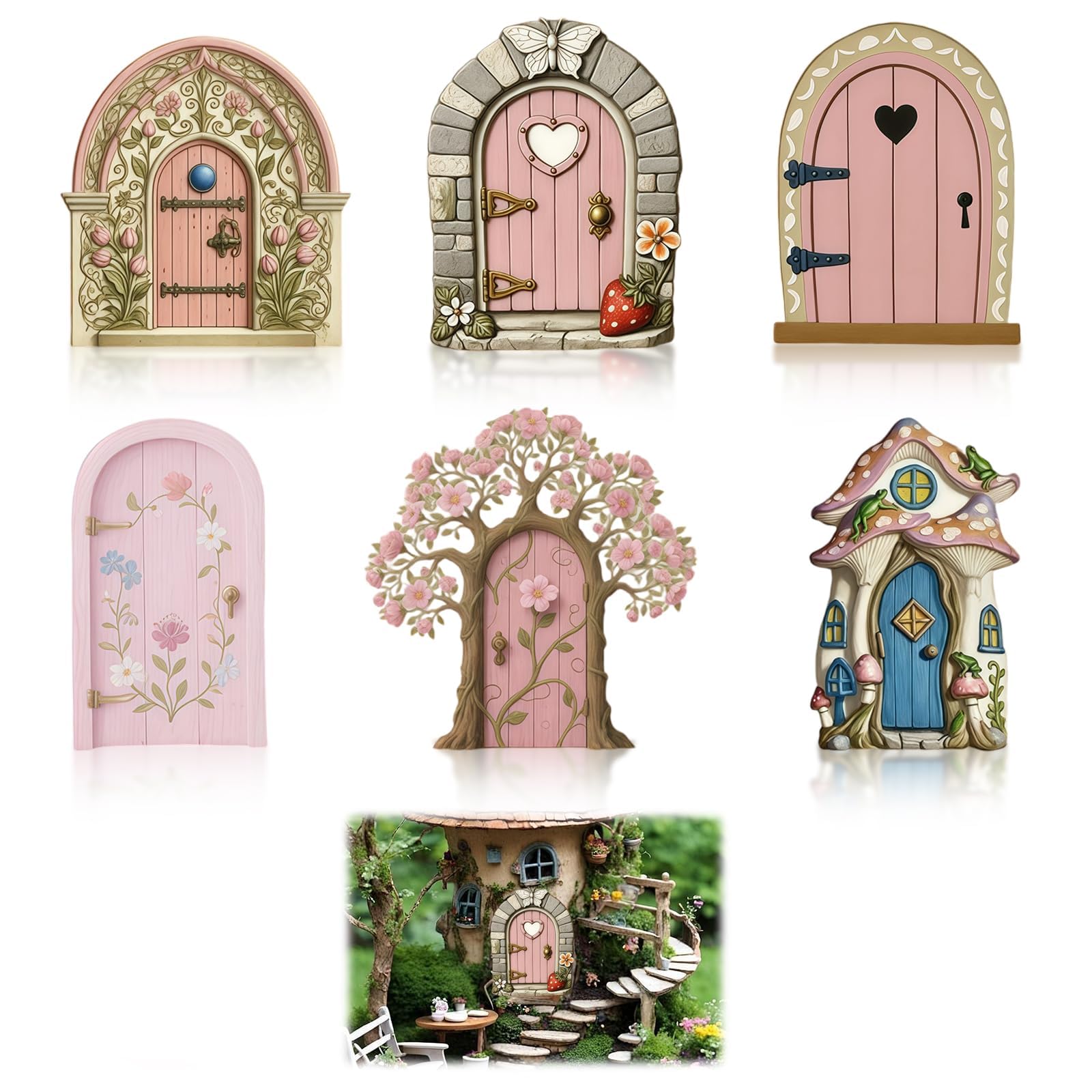 NIYATA 6Pcs Pink Fairy Doors Set – Garden Decor Accessories for Outdoor Tree Displays, Lawn Ornaments & Miniature Landscape Features – Static Decoration for Adult Garden Enthusiasts