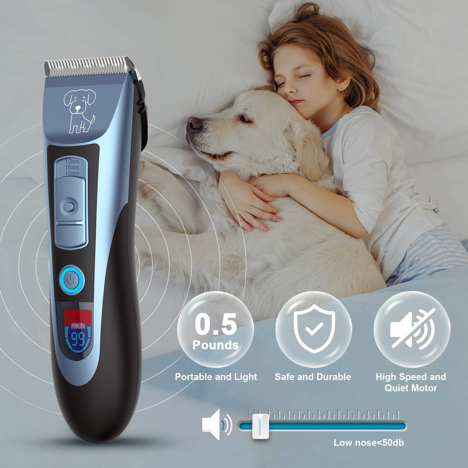 Uiter Dog Clippers Grooming Kit - 4 Length Fine Adjustment Knobs & 2 Guide Combs, Low Noise Rechargeable Cordless Quiet Pet Clippers for Dog Cat, Professional Electric Dog Trimmers Clippers Set