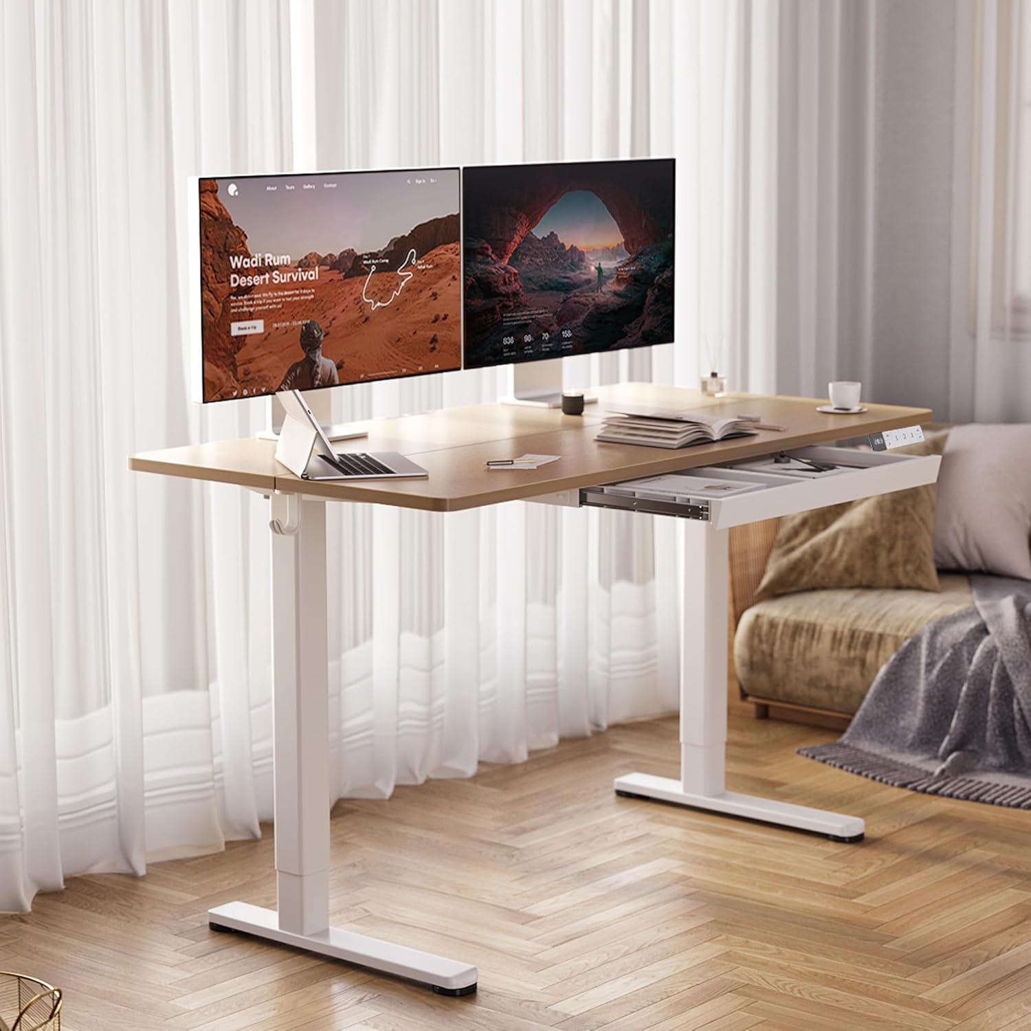 YDN Standing Desk with Drawers, Height Adjustable Desk 55 x 24 Inch, Electric Sit Stand Home Office, Natural