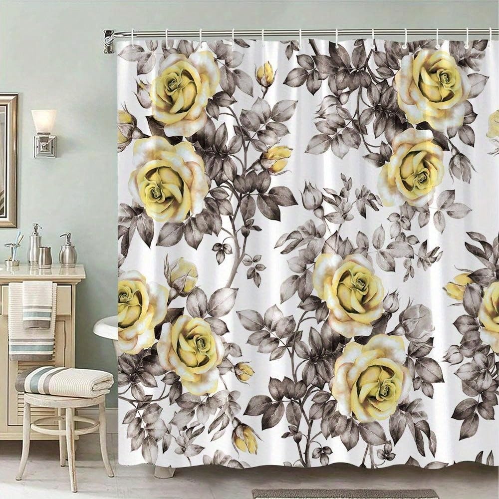 GLKSDLPO Yellow And Dark Gray Leaf Plant Shower Curtain Modern Watercolor Floral Bathroom Decor, Washable, Bathtubs Showers(230x165cm/91x65in(WxH)