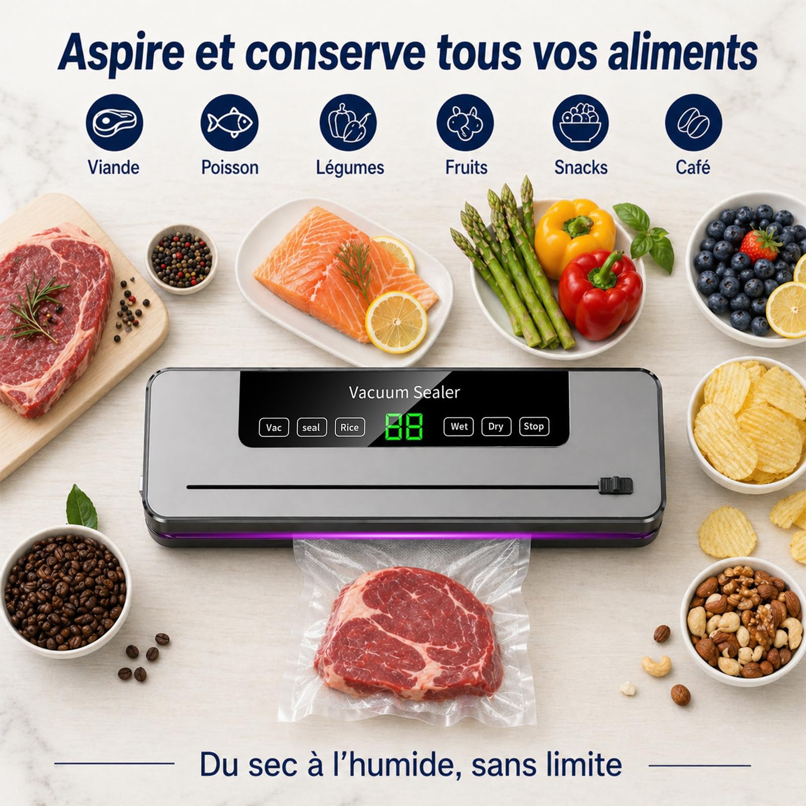 Machine Sous Vide Alimentaire, Avec 50 Sacs Sous Vide, Appareils de Mise Sous Vide Multifonction 5 en 1, Avec Mode Humide et sec pour Stockage de Fruits, Légumes, Pain, Viande, etc.