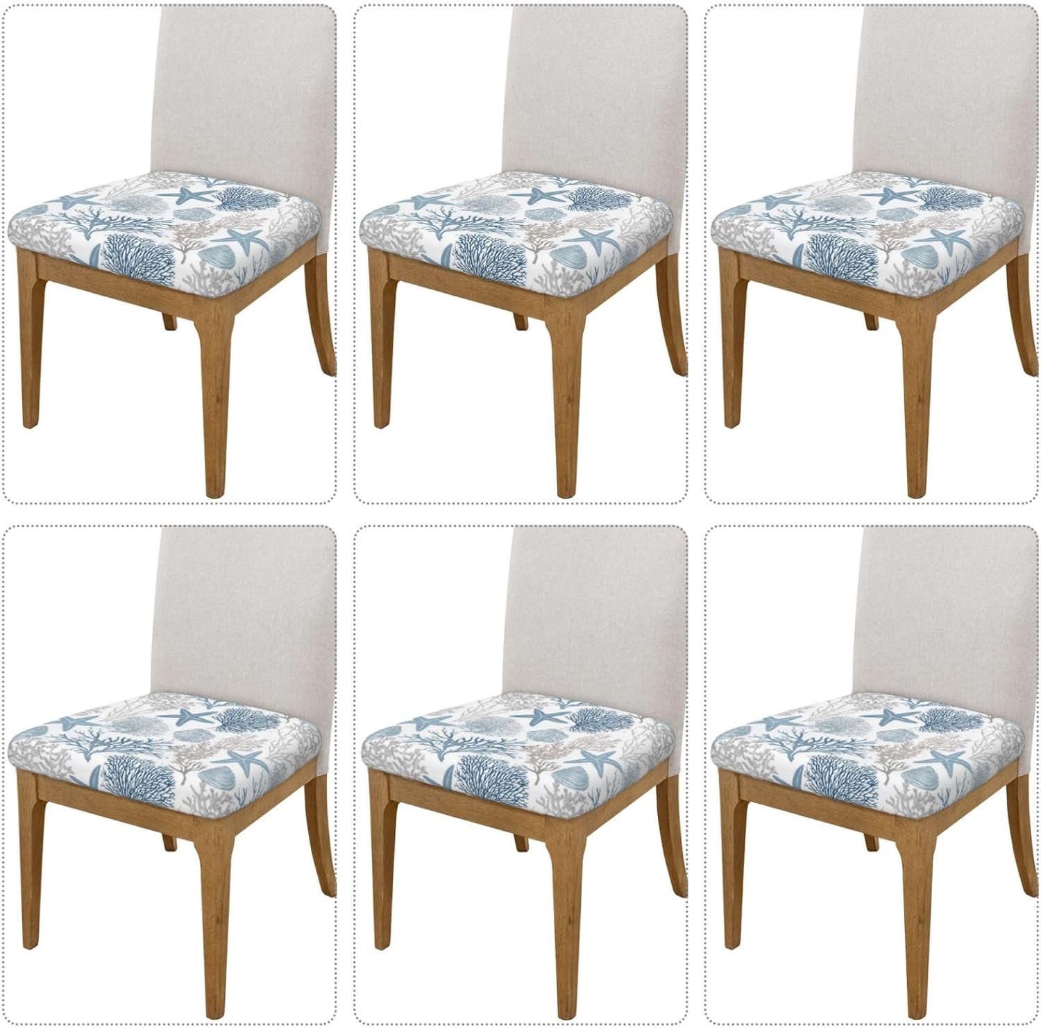 Ouqiuwa Starfish Seashell Coral Beach Square Chair Seat Covers Set of 6 for Dining Chairs, Elastic Seat Cushion Slipcovers for Home Kitchen Party Décor