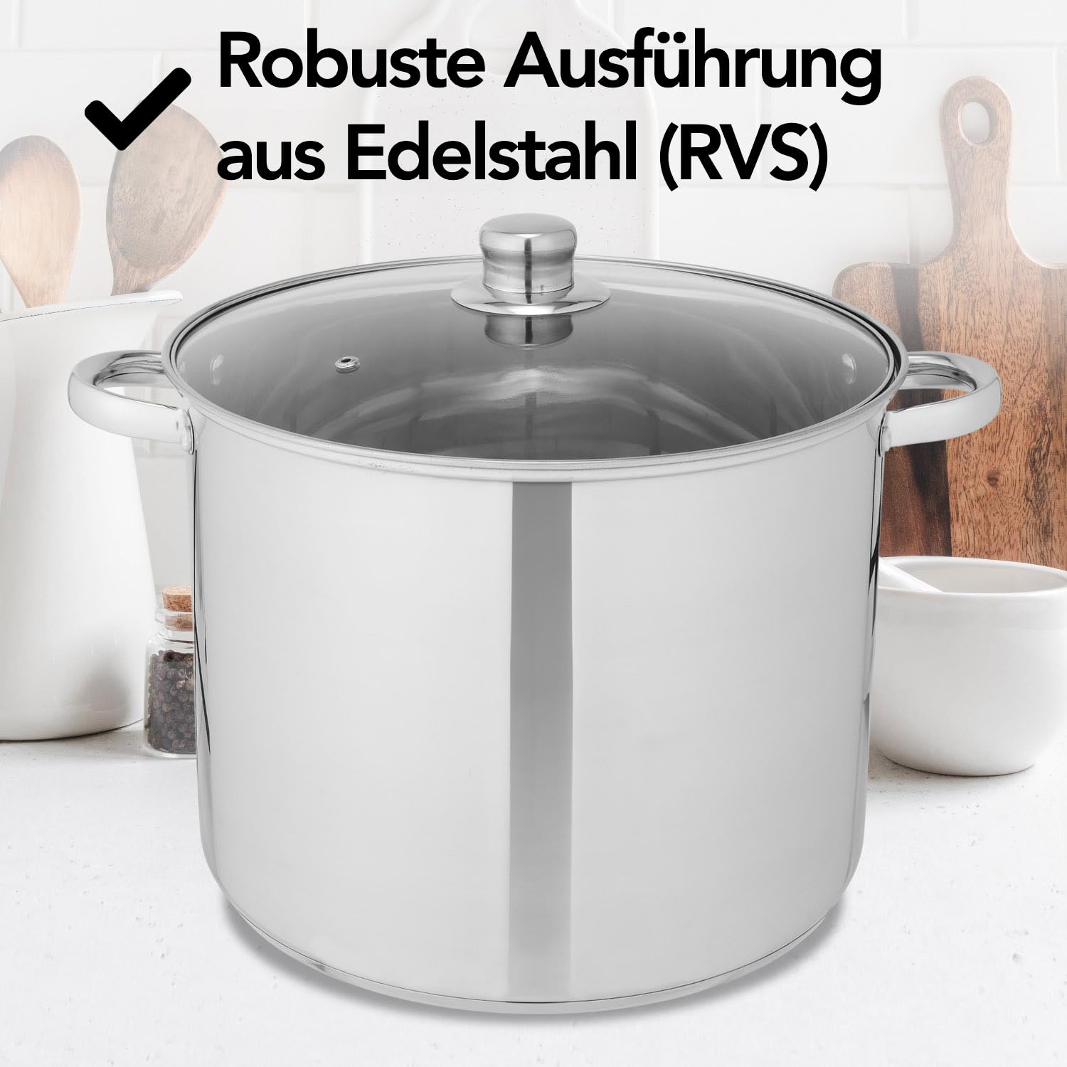 Brixy Suppentopf Kochtopf mit Glasdeckel, 16,5 Liter Fassungsvermögen, 30 cm Durchmesser, Induktionsgeeignet, Edelstahl Silberfarben