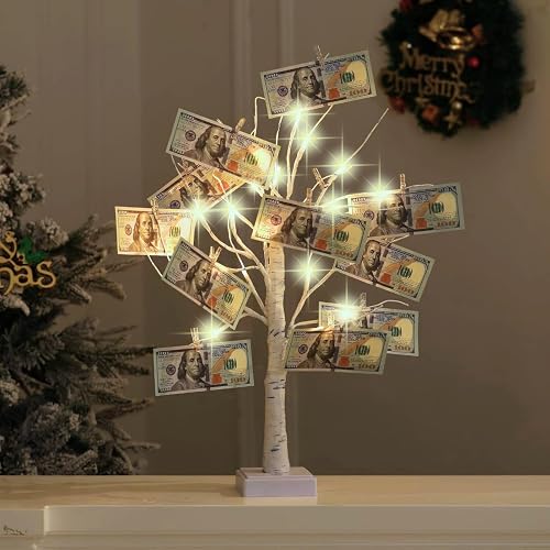 Money Tree Gift Card Holder 24 LED Birch Tree Lamp Battery/USB Powered | Light Up Mini Trees Gift Card Holder with 22 Clear Clips for Photo Birthday Fall Decor Thanksgiving Halloween Party Decor - 1