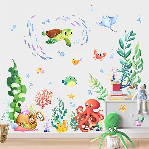 Supzone Under The Sea Wall Stickers, Ocean Creatures Fish Seaweed Sea Animal Life Turtle Octopuses Wall Decals for Boy Baby Kids Nursery Bathroom Toddlers Bedroom Living Room Playroom Wall Art Decor