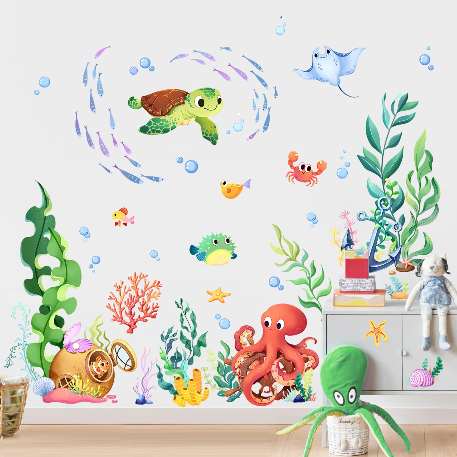 Supzone Under The Sea Wall Decals Ocean Fish Seaweed Sea Turtle Octopuses Wall Stickers for Kids Toddlers Bedroom Living Room Baby Nursery Wall Decor