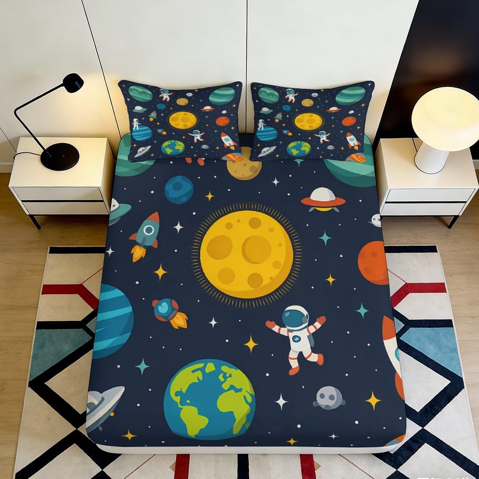 Pnayamiorkfel Style-8 3D Printed Space Astronaut Fitted Sheet Microfiber Soft Breathable Planet Rocket Bed Cover For Bedroom Dorm Mattress Decor 90X200x25cm