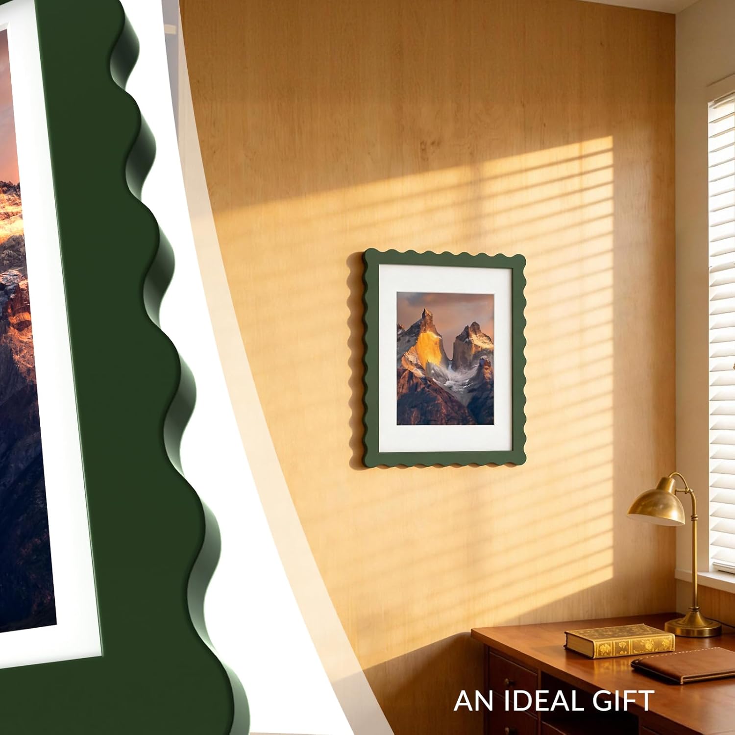 11x14 Wavy Picture Frame with Mat for 8x10, Real Glass and Wooden​ Frame - Tabletop or Wall Hanging Photo Frame(1 Pack, Green)