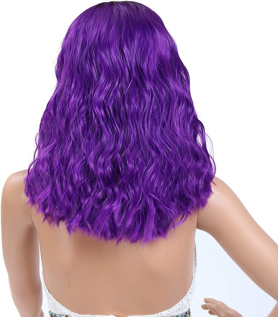 YanT HAIR Lace Front Wigs Synthetic Wigs For Women Wavy Bob Wig Middle Part Shoulder Length 14-15 inches Ombre Color Wig 1B/Purple Color - Image 3