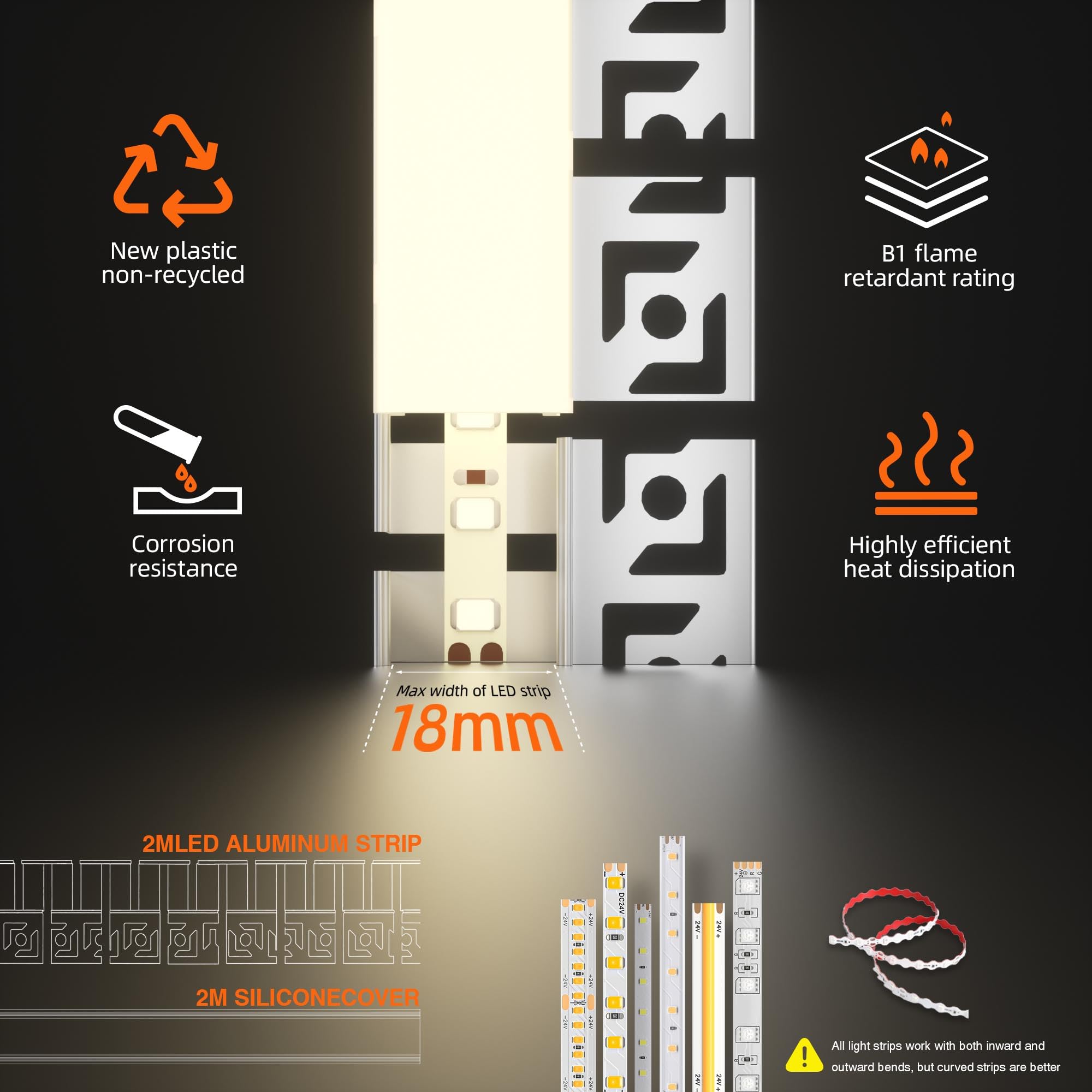 6 x Flexibles LED Profil 2m – Biegbares LED Trockenbauprofil Aluminium-Einbauprofil für Streifen bis 18 mm, Unterputzprofil für Decken & Wände, kreative Kurven, Kreise & S-Formen