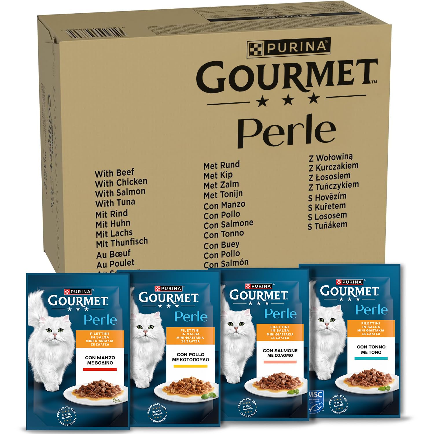 GOURMET Perle - Cibo Umido Gatto Adulto, Filettini in Salsa con Manzo, Pollo, Salmone, Tonno. 96 Buste da 85 g | Filettini in Salsa con Manzo, Pollo, Salmone, Tonno