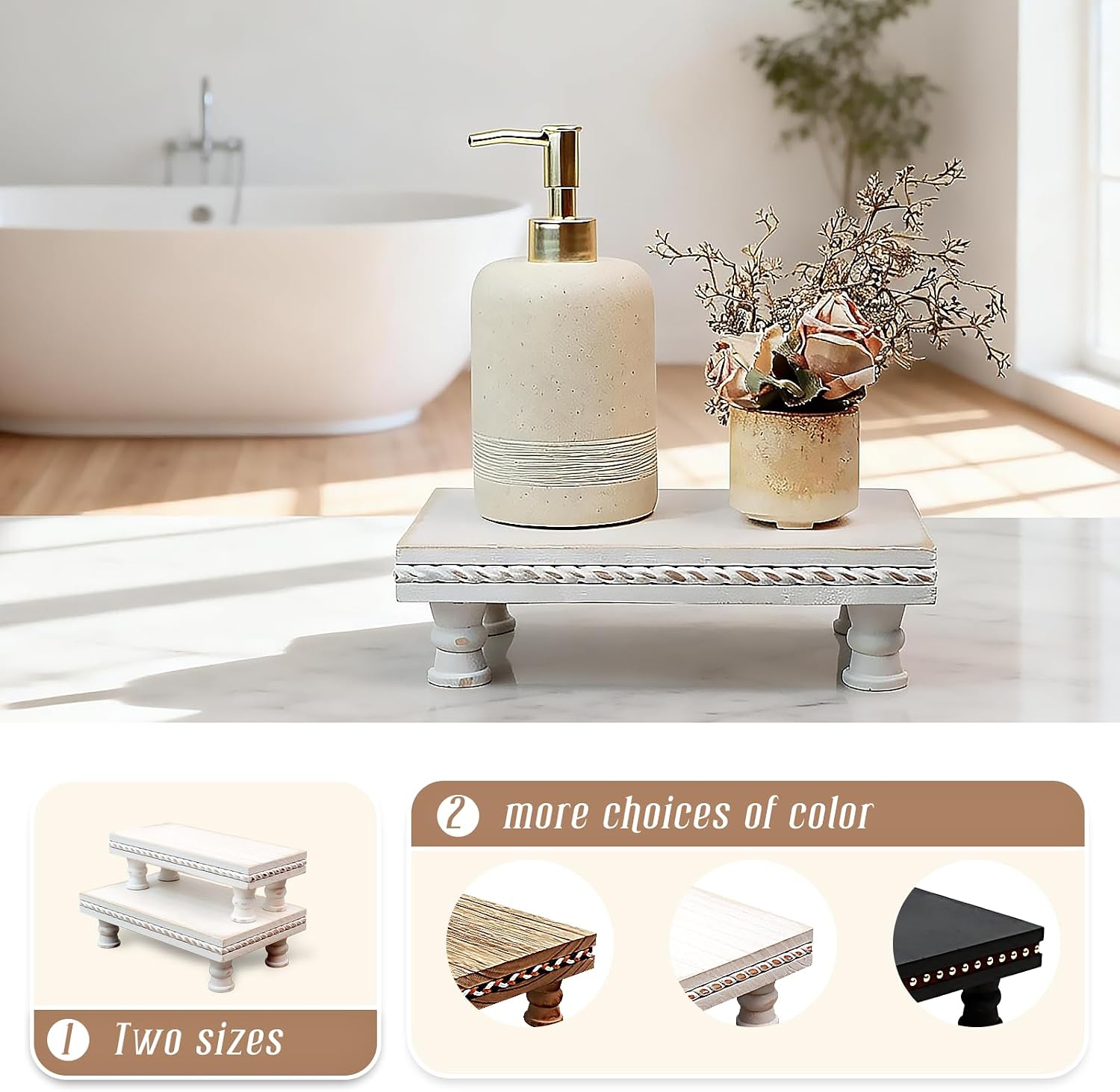 Wood Tray Pedestal Stand, Waterproof Bathroom Counter Organizer, Modern Farmhouse Riser for Soap/Candle/Sponge White Middle