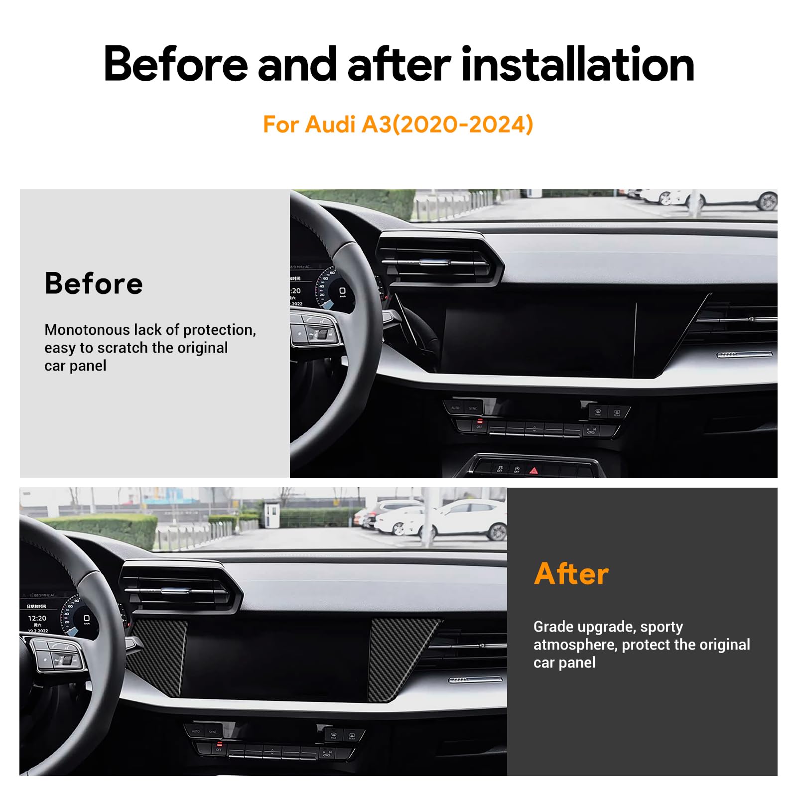 KUNGKIC Para Audi A3 S3 8Y 2020 2021 2022 2023 2024 2025 Fibra de Carbono Coche Consola Central Dash Pegatinas Decorativas Interior Accesorios 4 Unidades (Negro)