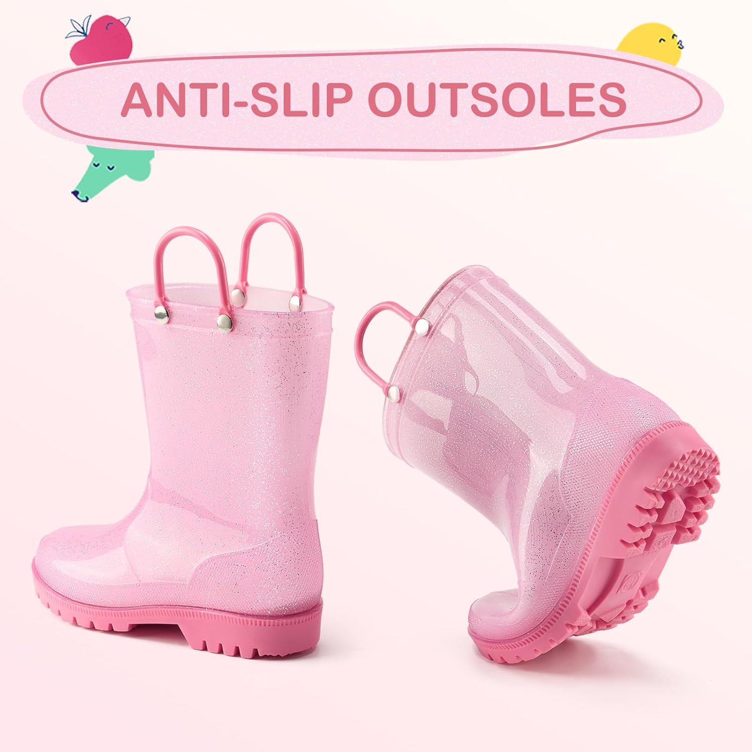 HISEA Kids Rain Boots for Toddlers Boys Girls, Waterproof Rubber Rain Shoes with Easy-On Handles, Seamless PVC Rainboots Anti-Slip Outdoor Mud Boots, Solid Colors & Sparkly Glitter Gradient Styles (Toddler/Little Kid/Big Kid)