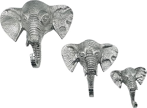 Juego de 3 ganchos decorativos de metal de elefante, ganchos de pared resistentes en tamaño mediano y grande (plata brillante)