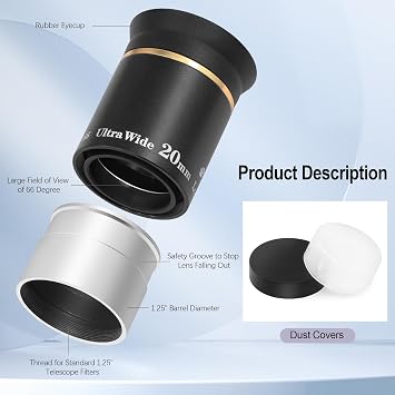 Astromania 1.25 20mm Plossl Telescope Eyepiece - Bundle with - 66 Degree 20mm Eyepiece