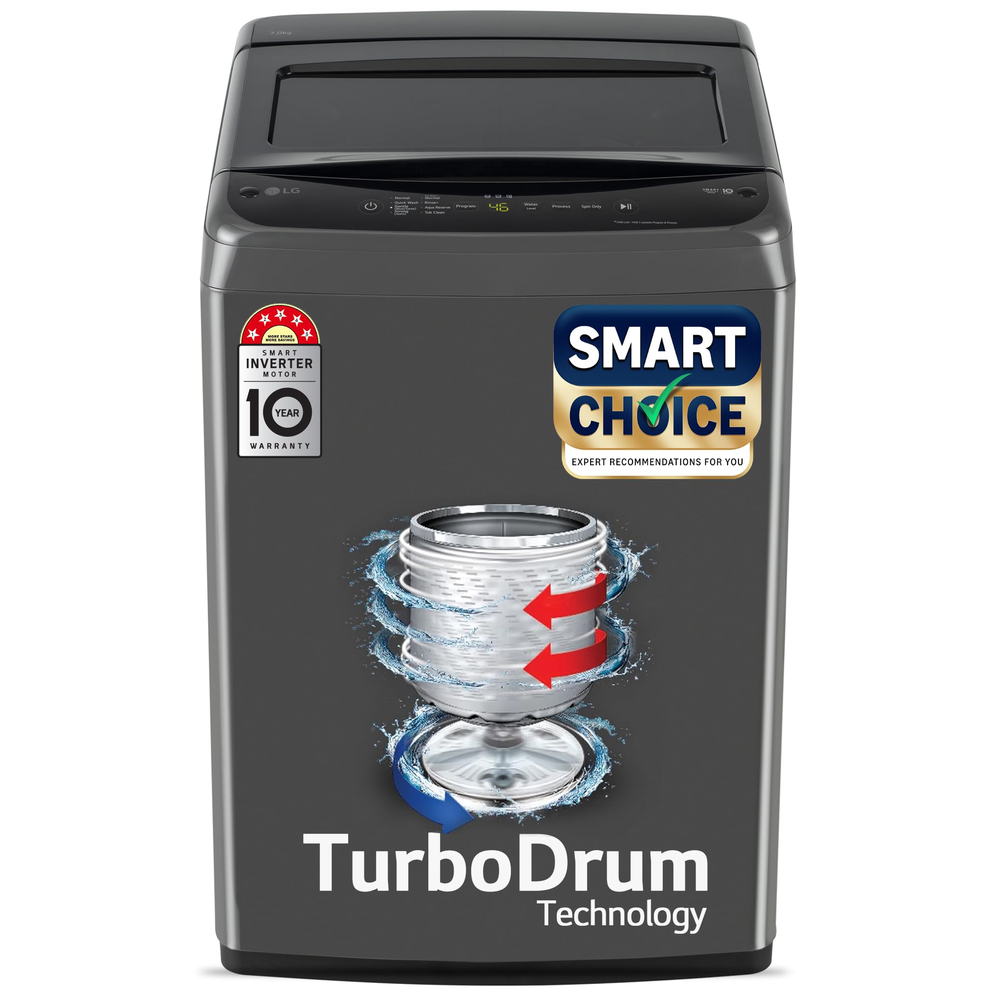 LG 7 Kg 5 Star Smart Inverter Technology Fully Automatic Top Load Washing Machine (T70VBMB1Z, Auto Prewash, Turbodrum, Stainless Steel drum, LED Display, Smart Diagnosis Middle Black)