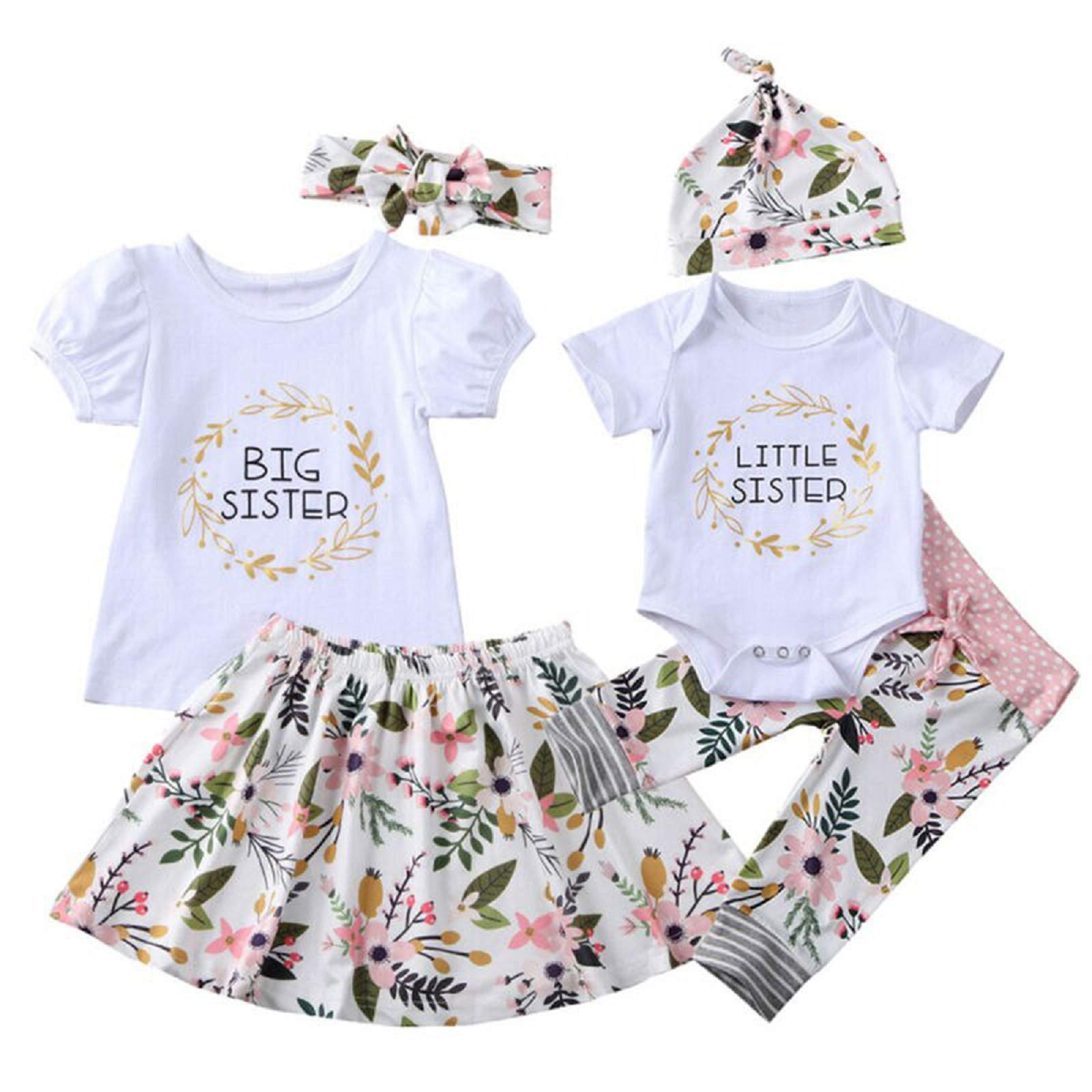 pusekyBaby Girls Little Big Sister Matching Outfits Short Sleeve Shirt Floral Pants Headband Clothes Set