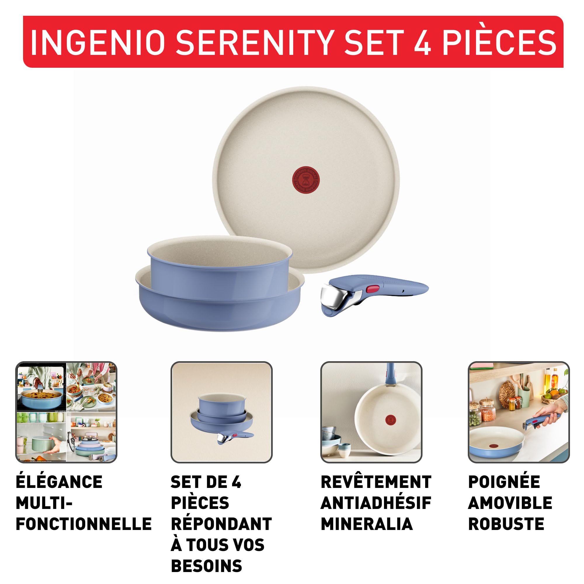 Tefal Ingenio Serenity, Batterie de cuisine 4pièces, Revêtement antiadhésif, Poignée amovible sécurisée, Design empilable, BLUE CALM