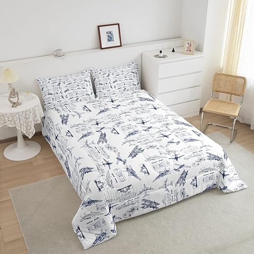 Miniatura 3 de Feelyou Juego de ropa de cama con estampado de aviones para niños y niñas, juego de funda de edredón de microfibra estilo boceto azul y blanco,