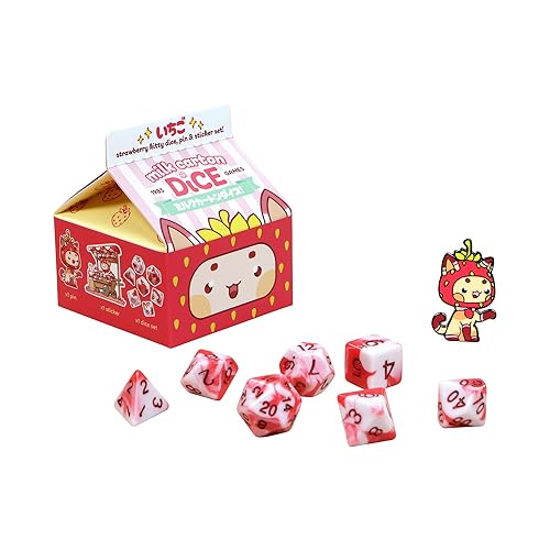 1985 Games Strawberry Kawaii Cat Dice Set – Milk Carton-Inspired Dice for DND | TTRPGs & Tabletop Roleplaying - Strawberry