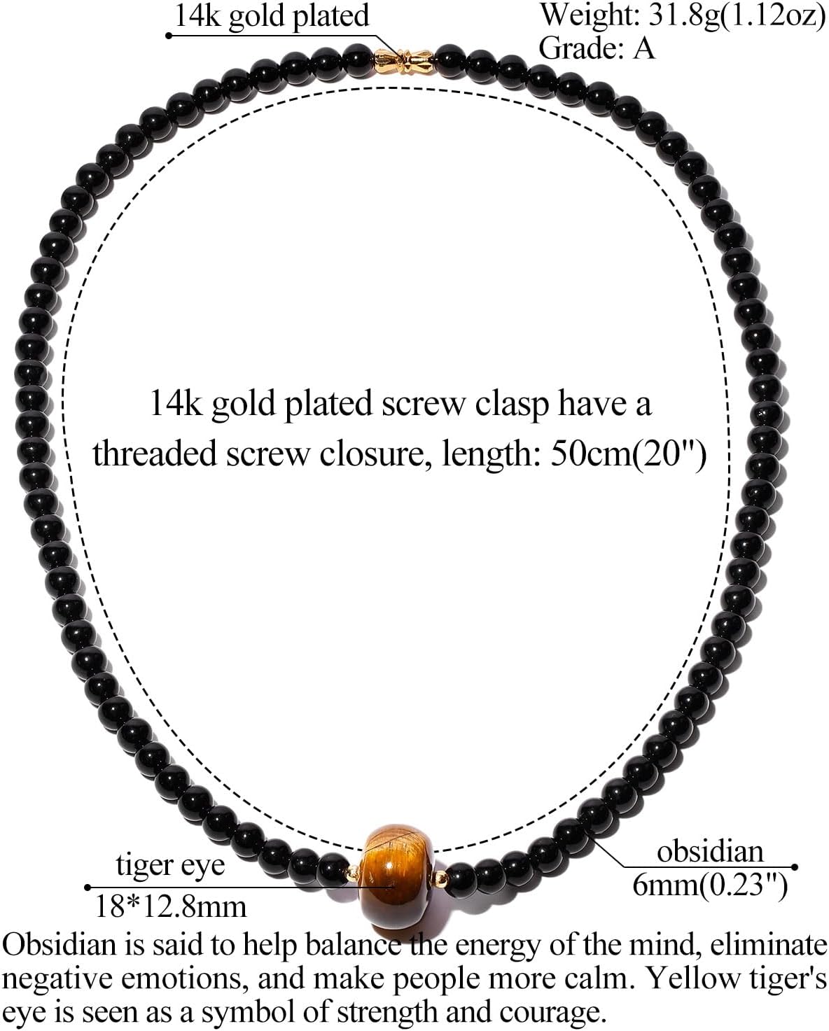 Black Obsidian/Tiger Eye Beaded Necklace Spiritual Crystals and Stones Protection Necklaces for Women Reiki Jewelry Gifts 20''