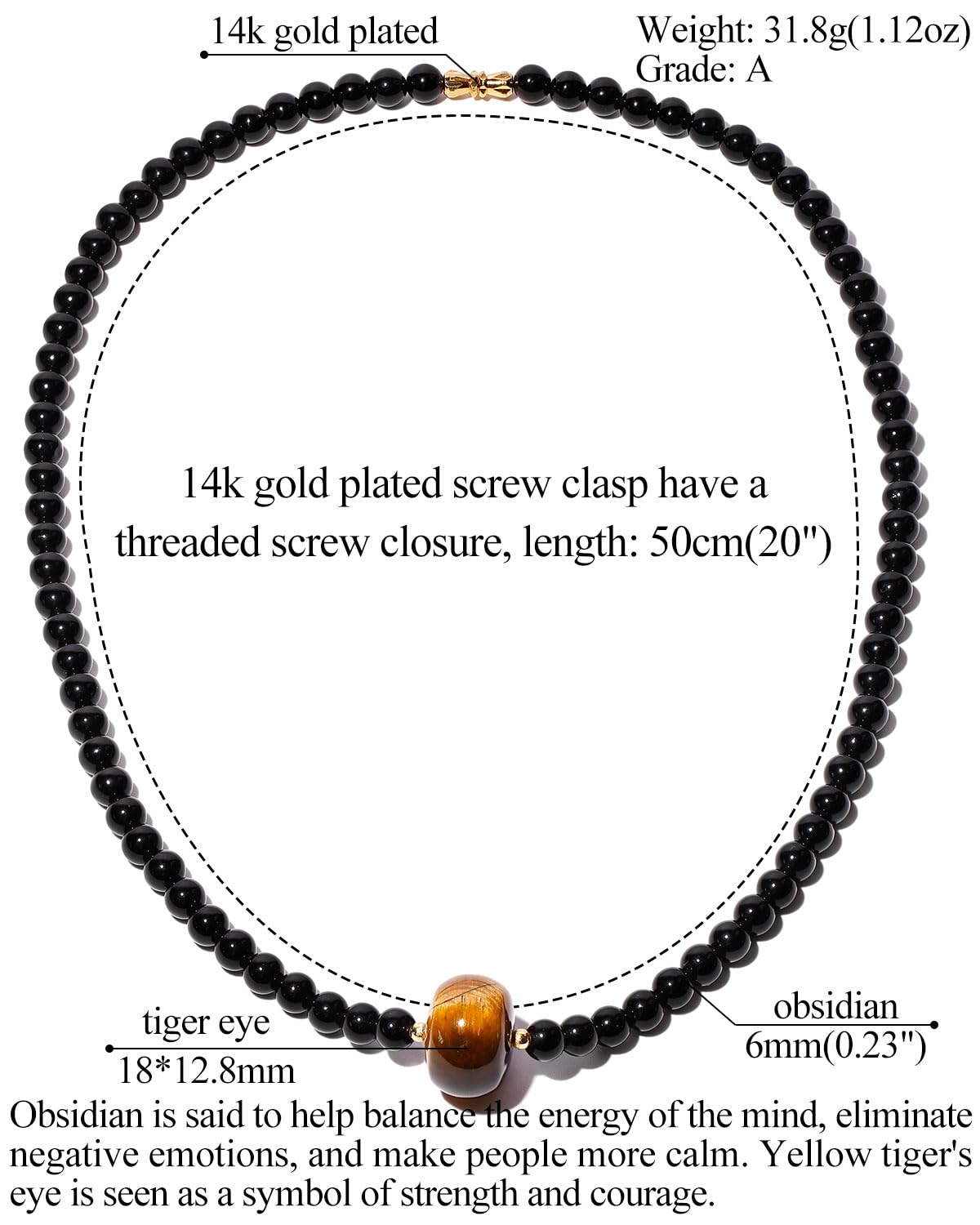 Black Obsidian/Tiger Eye Beaded Necklace Spiritual Crystals and Stones Protection Necklaces for Women Reiki Jewelry Gifts 20'' - Image 4