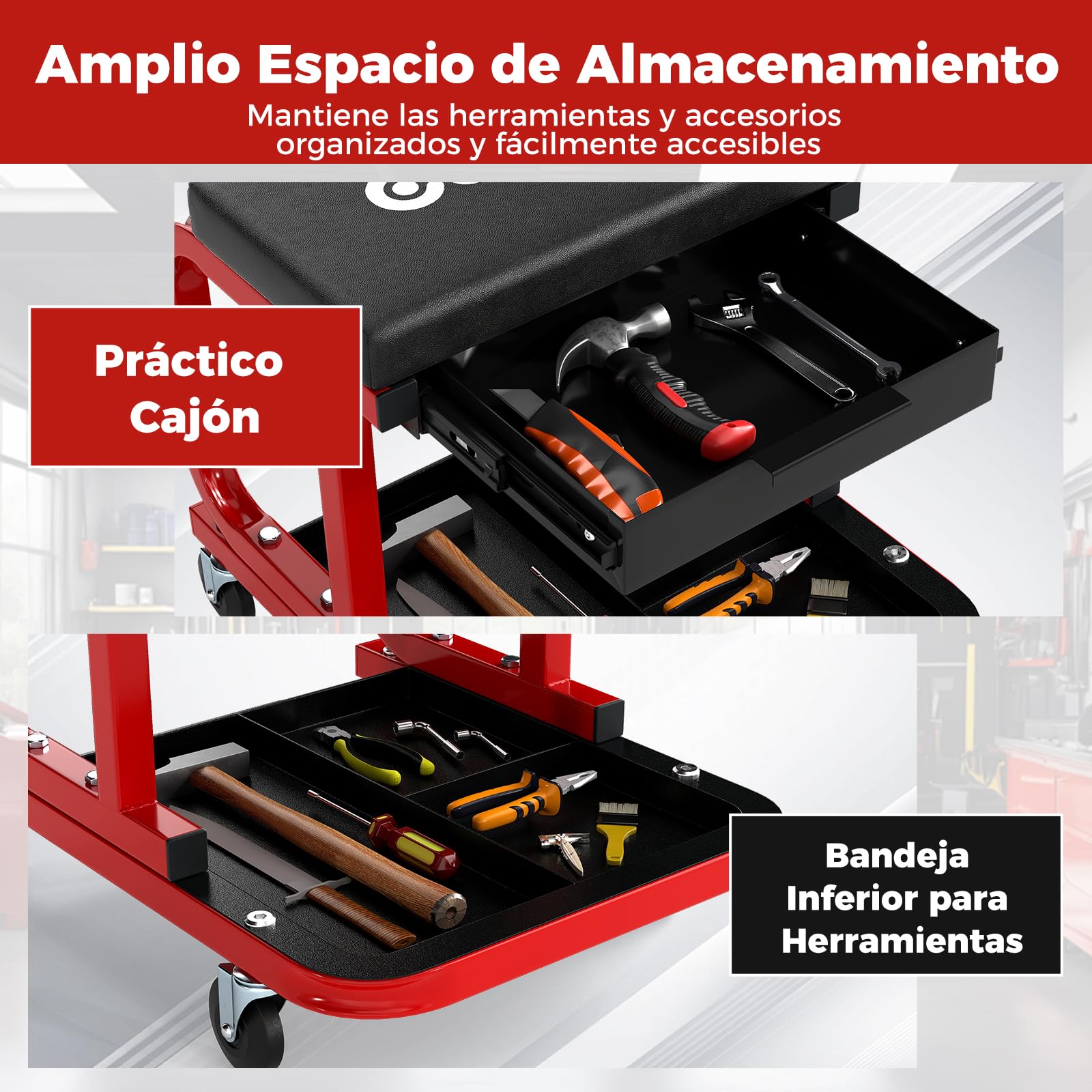 COSTWAY Taburete de Taller con Ruedas, Taburete Mecánico Acolchado con Cajón, Bandeja para Herramientas, Capacidad de Carga de 185 kg, Asiento Giratorio para Garaje, Reparación de Automóviles (Negro)