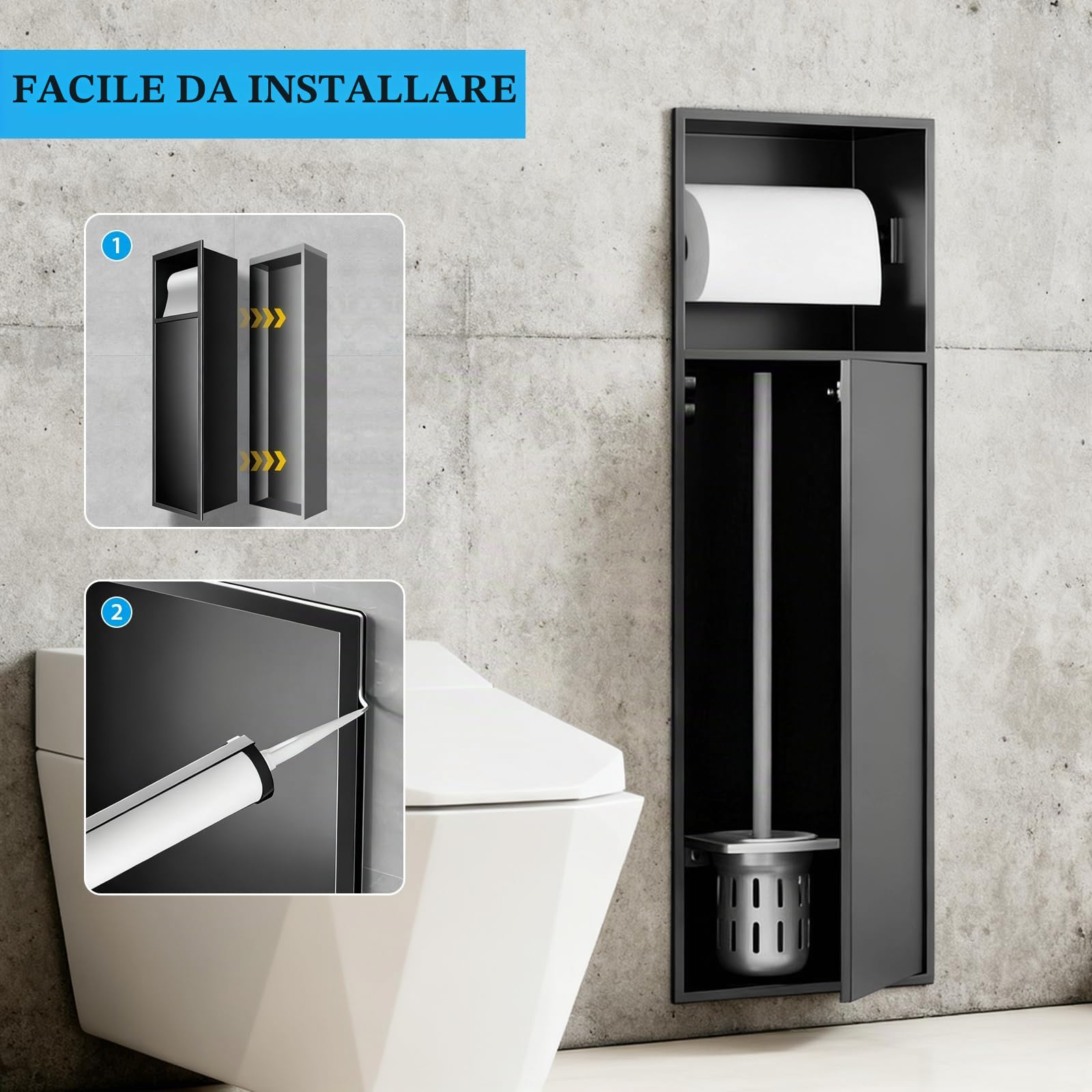 Porta Carta Igienica da Incasso, Nicchia in Acciaio Inox 304 | con due Ripiani per Riporre la Carta Igienica e lo Scopino del WC nel Bagno