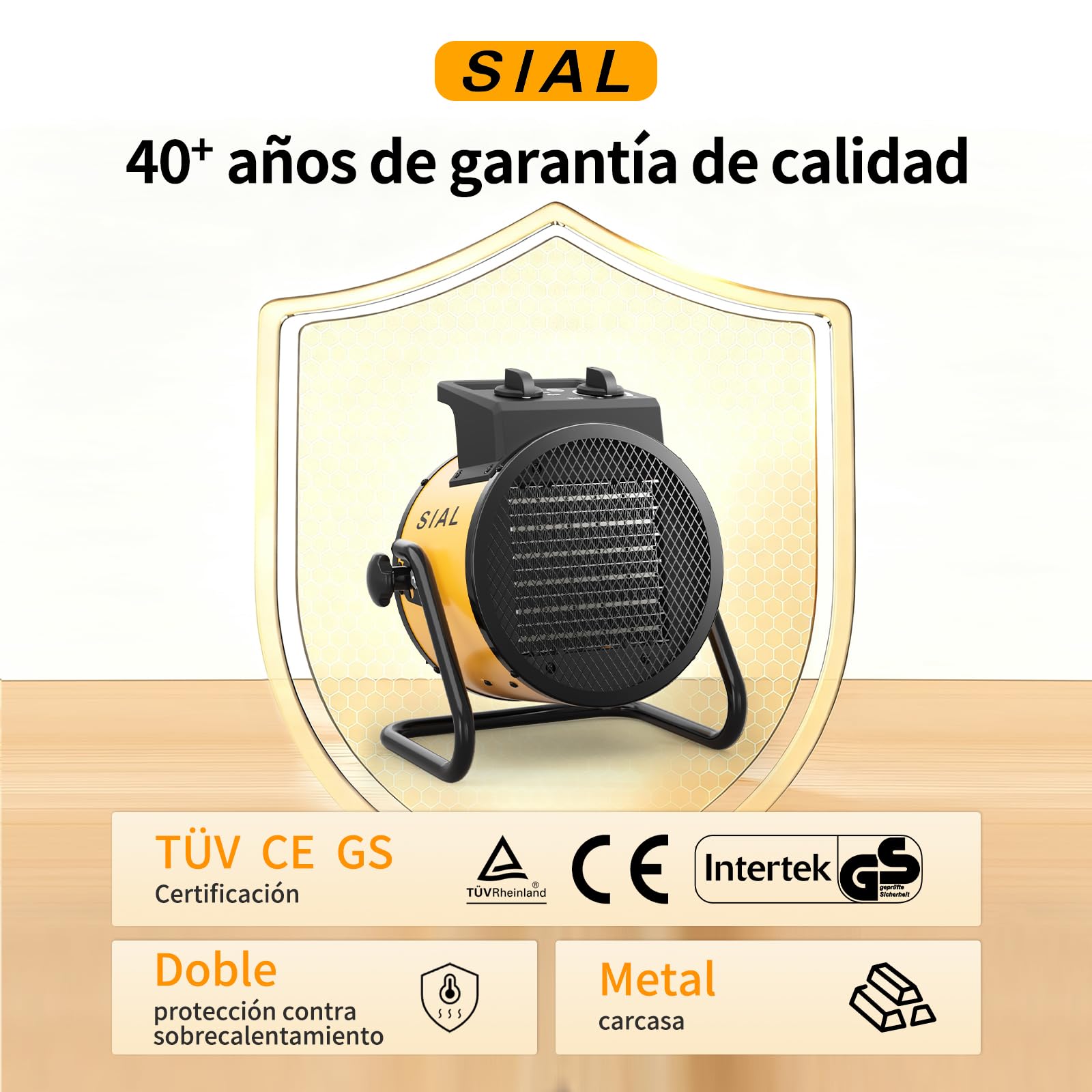 SIAL Calefactor Cerámica 3000 W - Radiador Electrico - Bajo Consumo - Calefacción Industrial - Calor Rápido 3 Segundos - Apto Para Oficinas, Baños, Talleres(Amarillo)