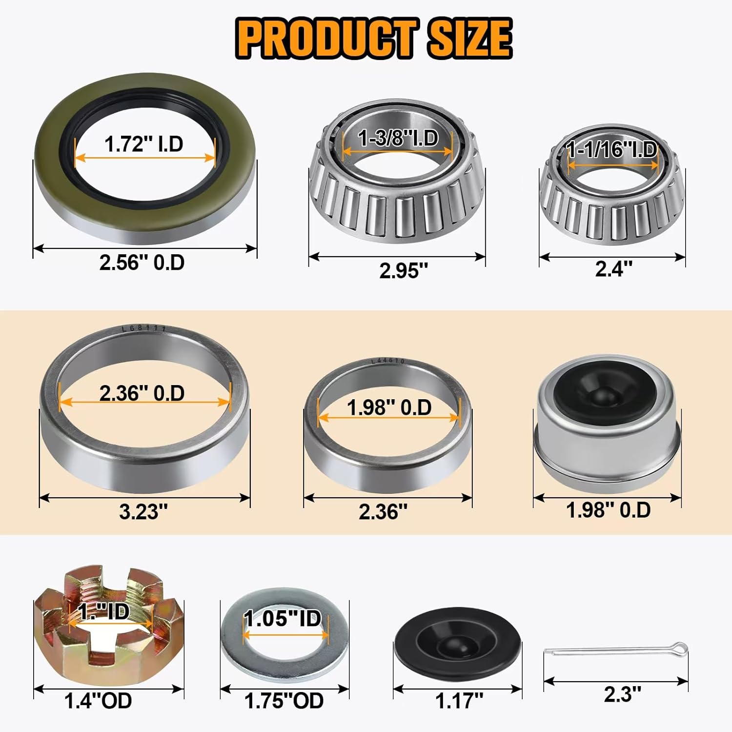 4Set L68149 L44649 Trailer Hub Bearings Kits, Fits 3500LB 1-3/8'' to 1-1/16'' #84 Spindle Boat Trailer,with 1.98'' Dust Cover, 171255TB Grease Seal, Rubber Plug, Race,Spindle Nut,Cotter pin and Washer