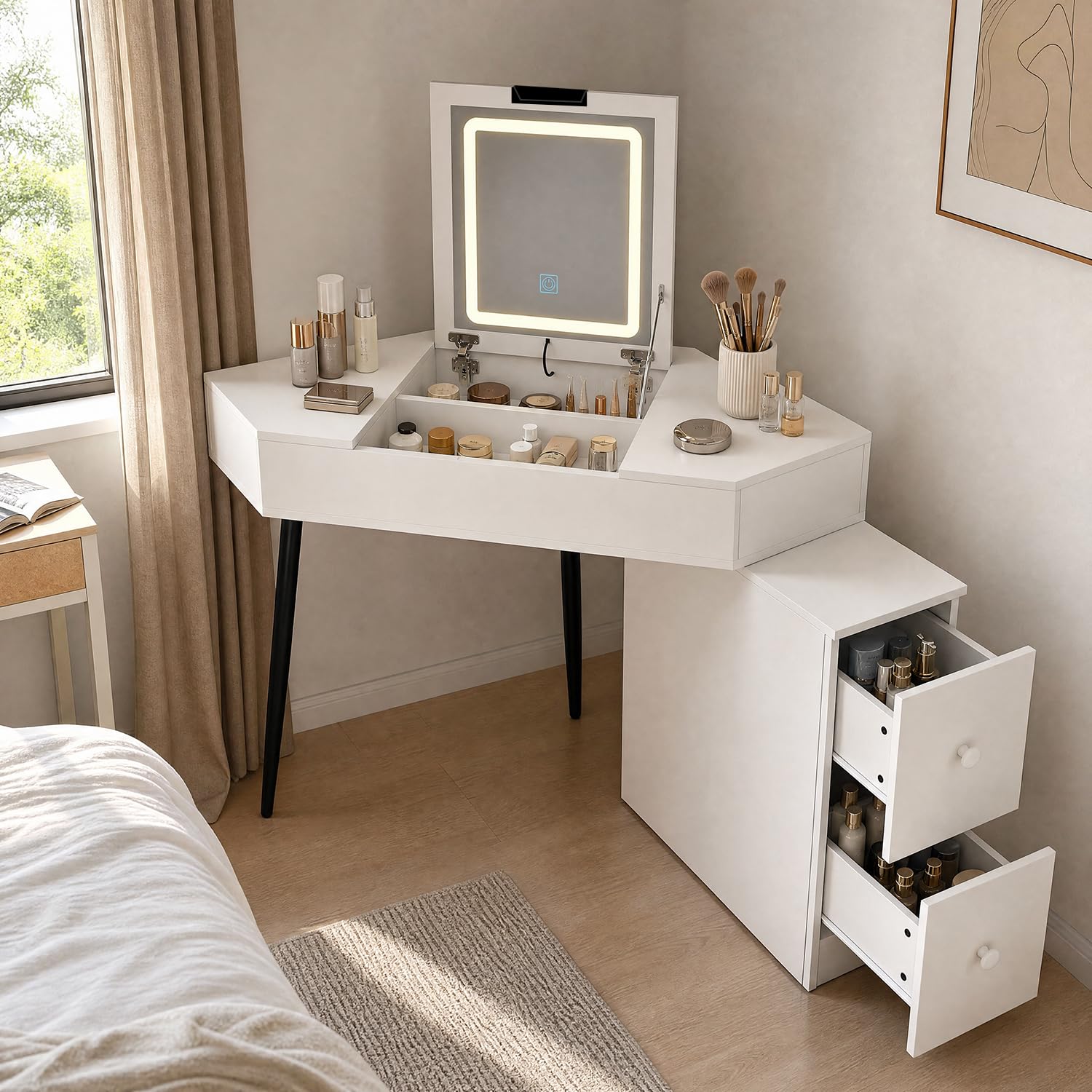 PREMTURE Corner Dressing Table with 3-Colour LED Mirror, 2-in-1 Flip-Top Vanity Desk with 2 Drawers and Hidden Storage, Extendable Makeup Table for Bedroom, White