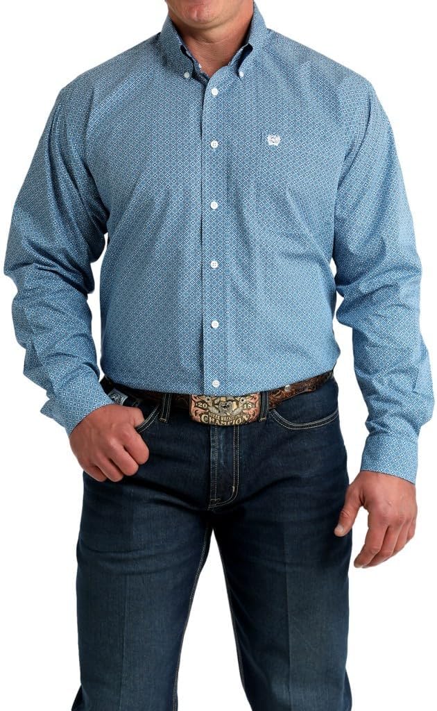 Cinch Men's Blue Print Long Sleeve Button Shirt