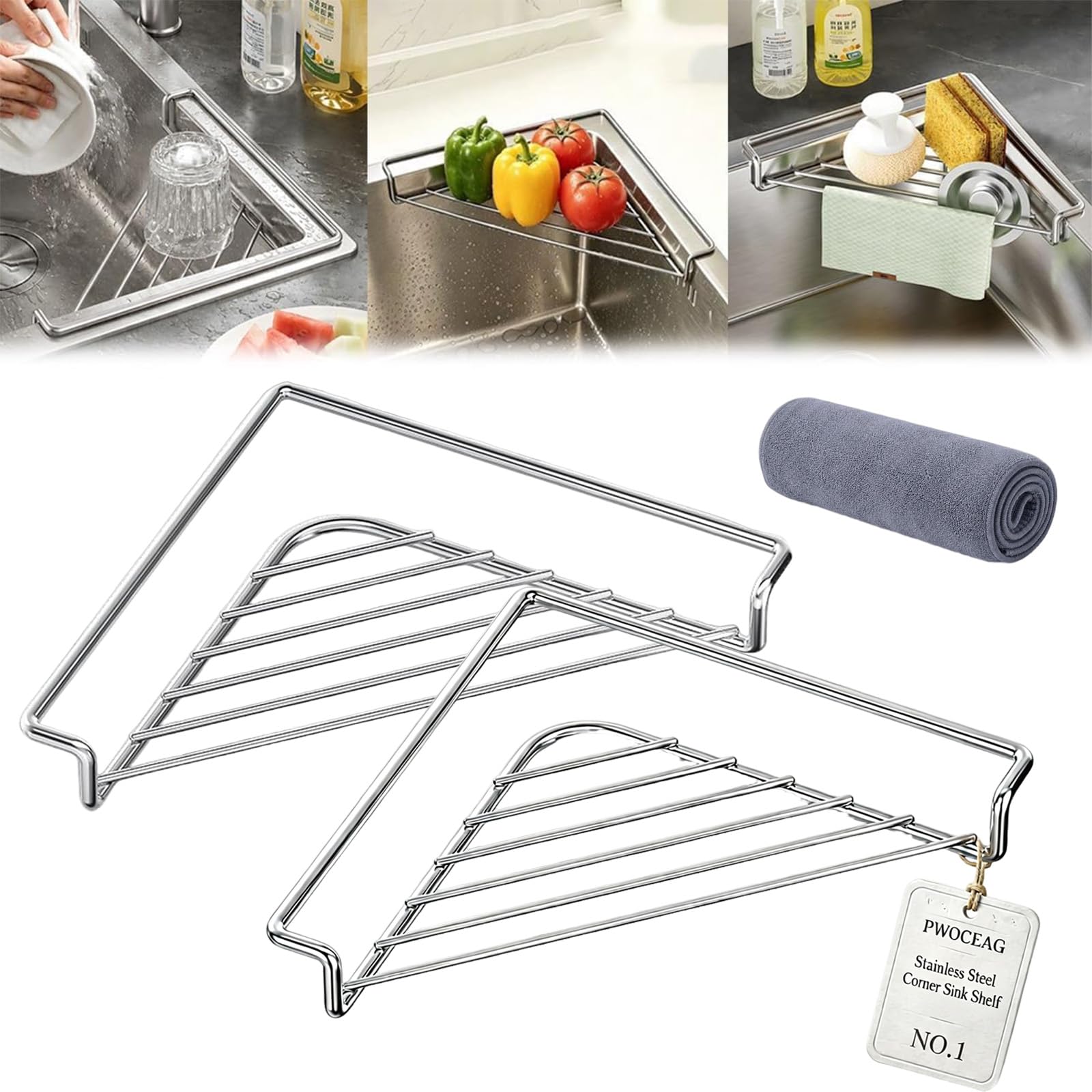 Stainless Steel Corner Sink Shelf, Triangular Sink Caddy Sponge Holder