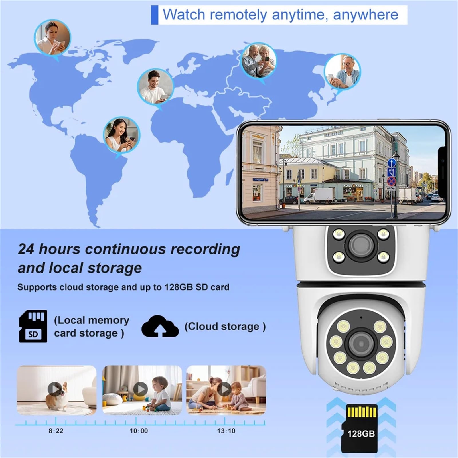 Kamera bezpieczeństwa, 8MP podwójny obiektyw 5G kamera Wifi PTZ zewnętrzna wodoodporna ekran ochrona bezpieczeństwa w domu kolorowy nadzór noktowizyjny(8MP 128G SD Card)