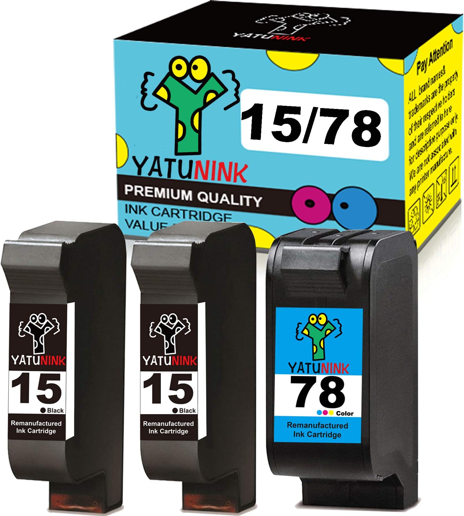 YATUNINK Remanufactured Ink Cartridge Replacement for HP 15 78 Ink Cartridges (C6615D/C6578A) for OfficeJet V40 5110 5110xi Printer (2 Black + 1 Color, 3 Pack)