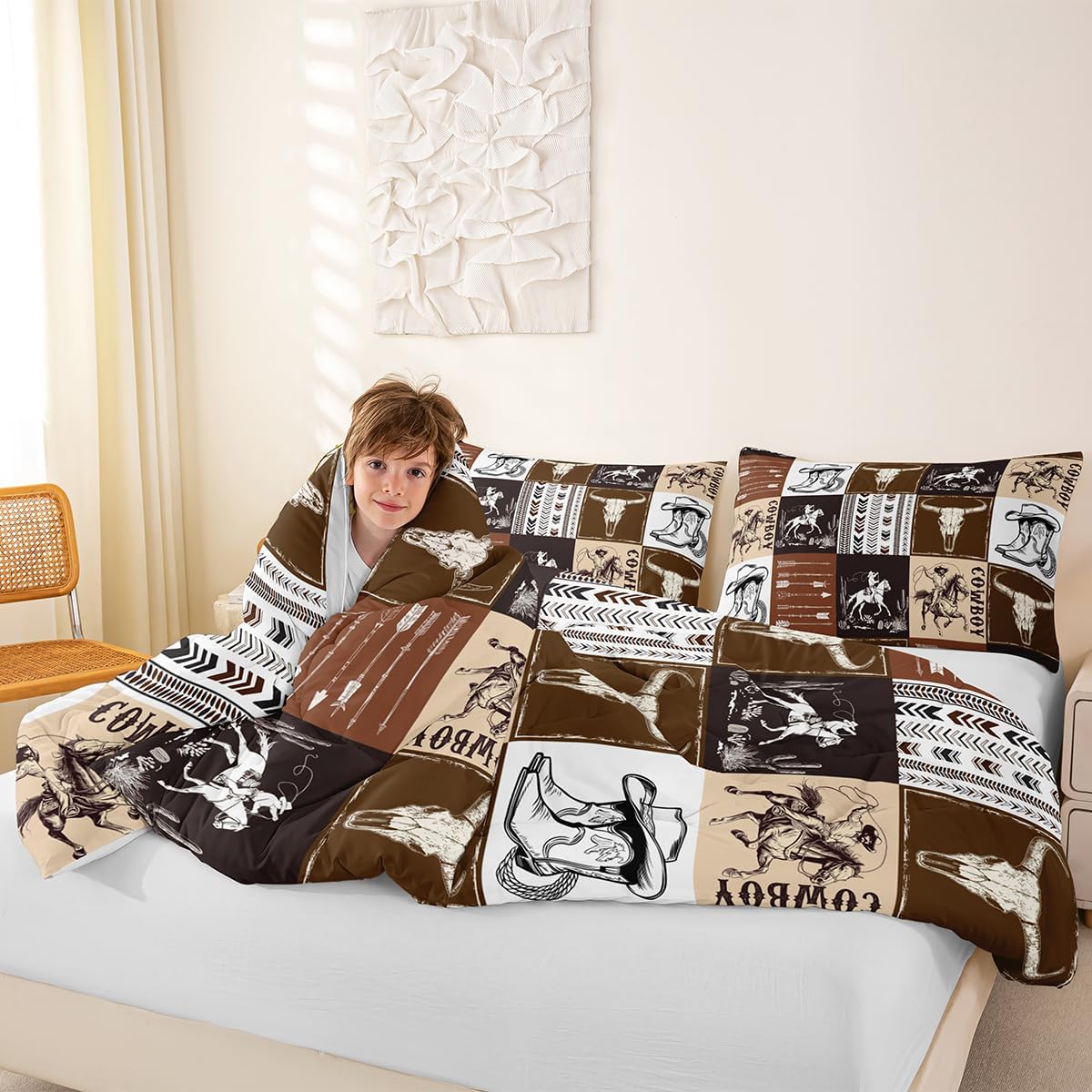 Western Comforter Set Queen Size,Southwestern Aztec Country Horse Bedding Set 2pcs,Cowboy Rustic Ranch Style Down Comforter,Brown Patchwork Farmhouse Bed Set for Kids Boys Teens,1 Pillowcase,No Sheet - Image 5