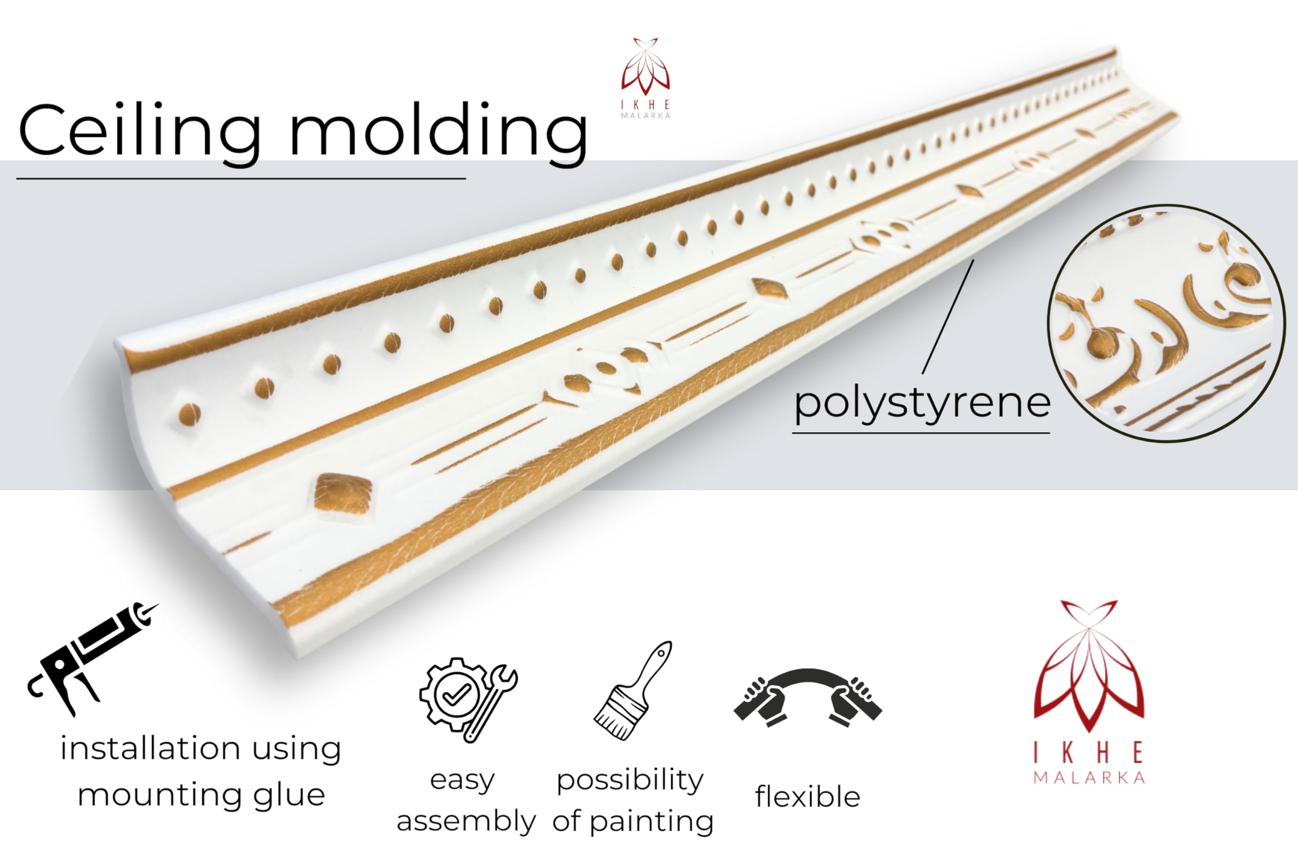 Molduras de estuco de poliestireno XPS – Molduras de techo blancas de 1 m – Listones para techo y decoración de pared – Molduras decorativas ligeras de poliestireno puro suave (V03-08 – Oro) 16