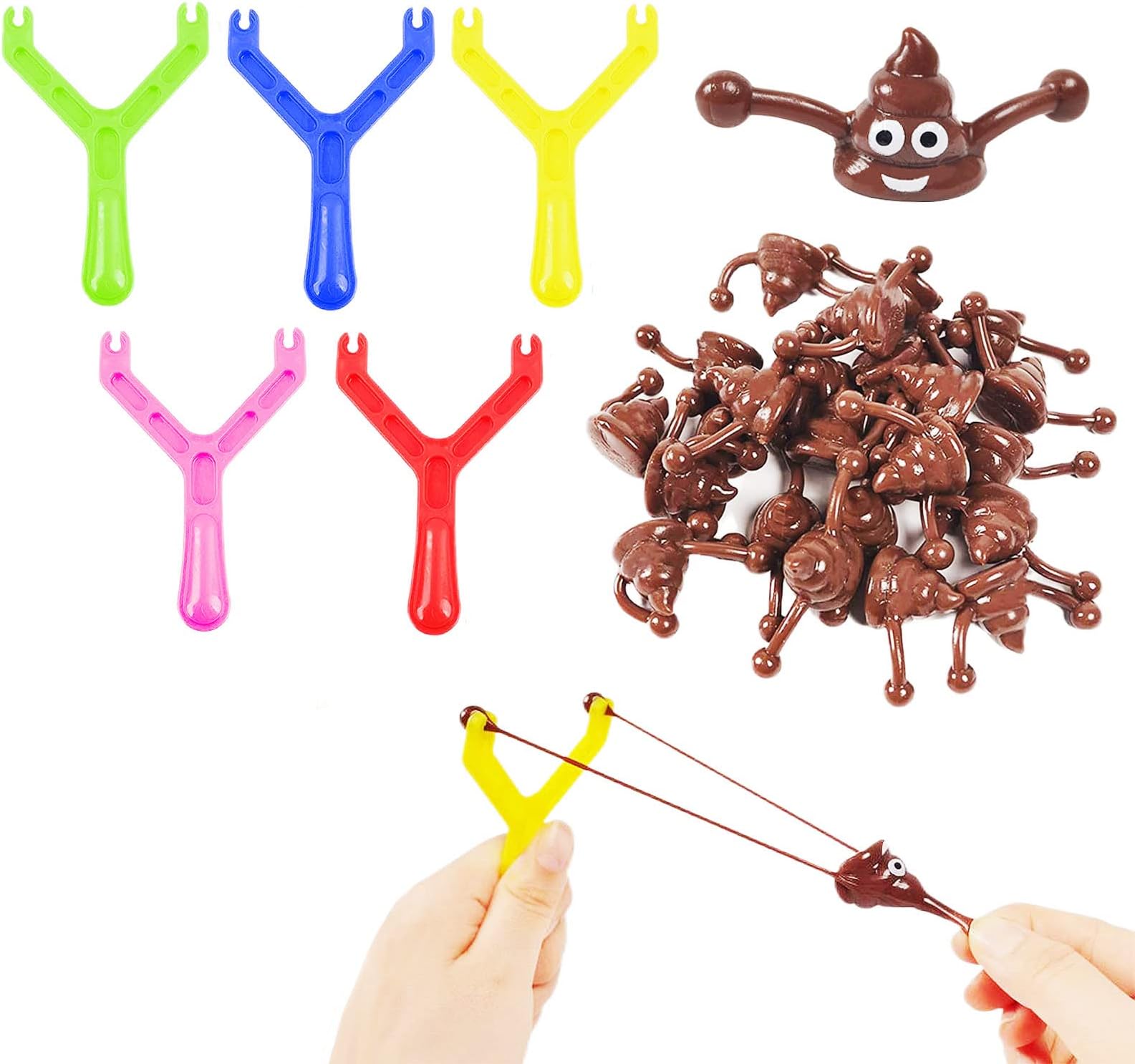 Funny Poo Slingshot Set- 5 Slingshot &15 Poo Bullets Mochi Squishy,Poop Finger Shooting Slingshot Prank,Party Bag Fillers for Adult Birthday Joke Prank Gift,Xmas Stocking Filler
